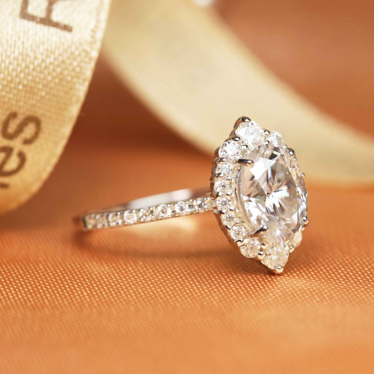 Vintage 1.3 carat oval cut Moissanite Halo Engagement Ring in White Gold