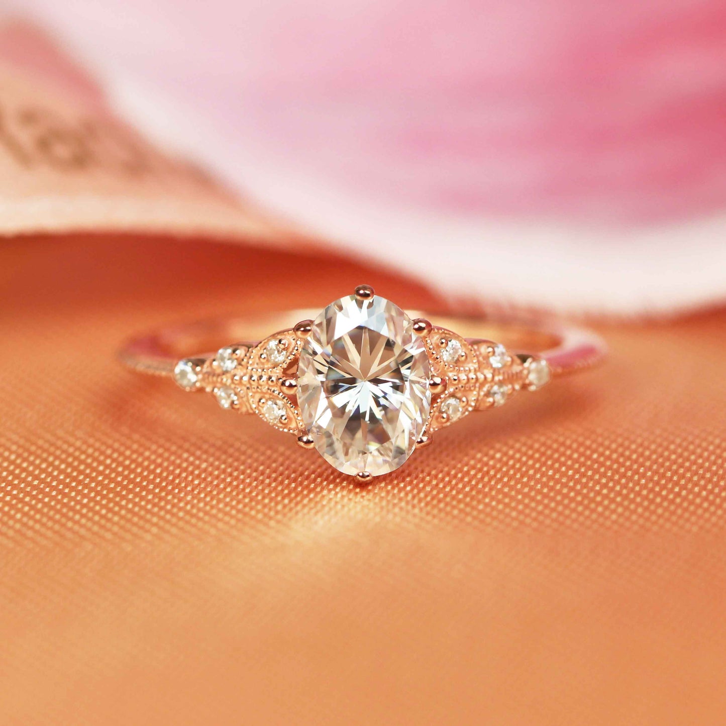 Milgrain 1.10 carat Nature-inspired Oval Cut Moissanite Engagement Ring in Gold