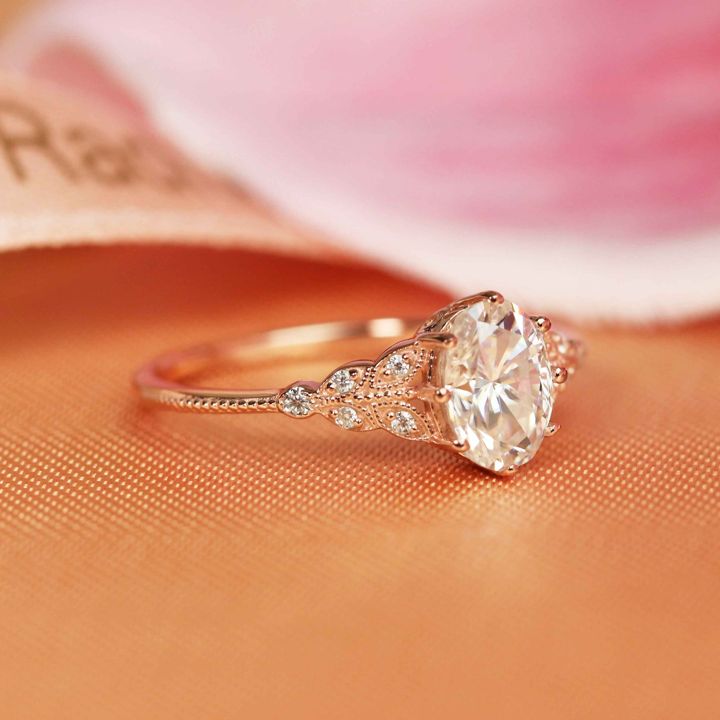Milgrain 1.10 carat Nature-inspired Oval Cut Moissanite Engagement Ring in Gold