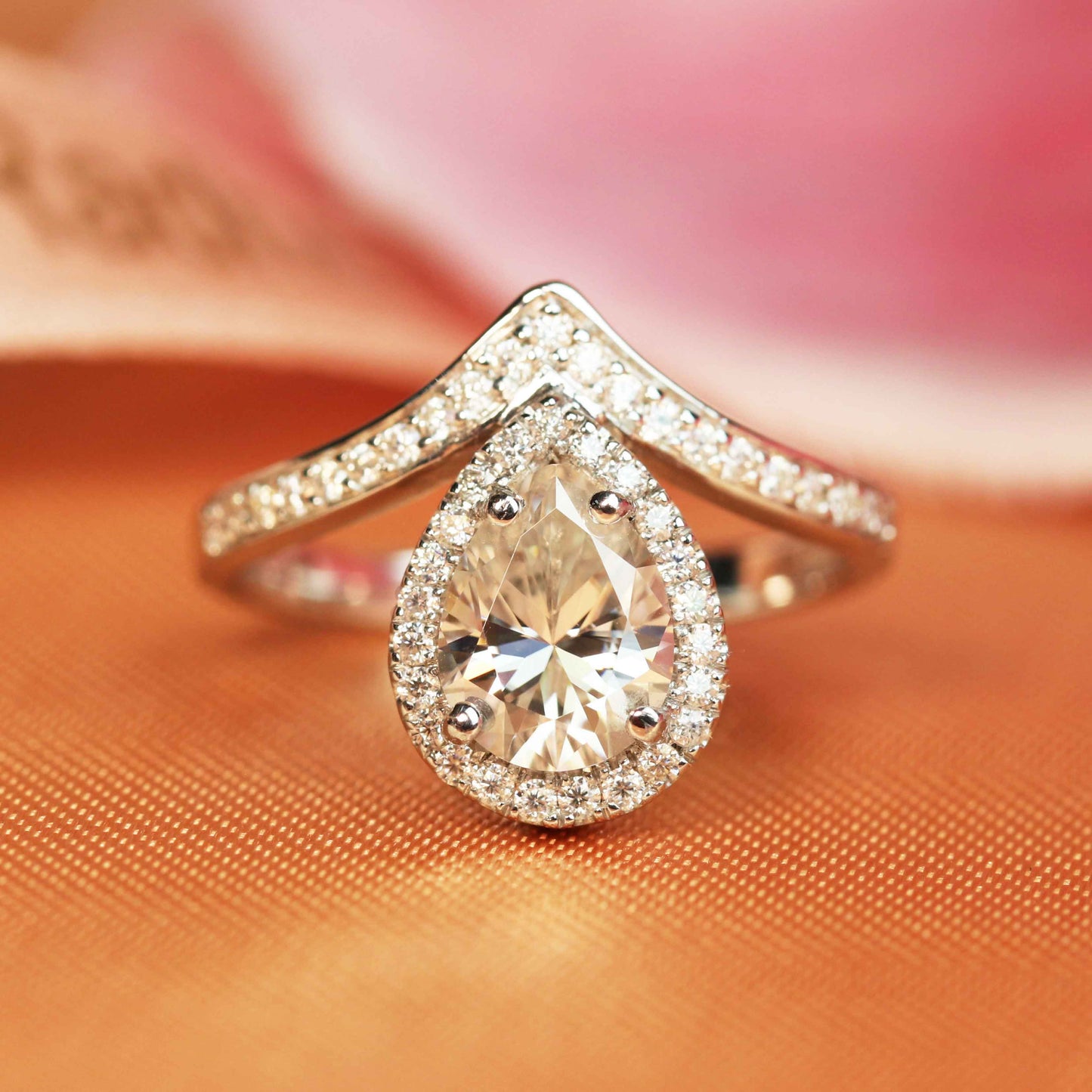 Half Halo 1.5 carat pear shape Moissanite Engagement Ring in Gold