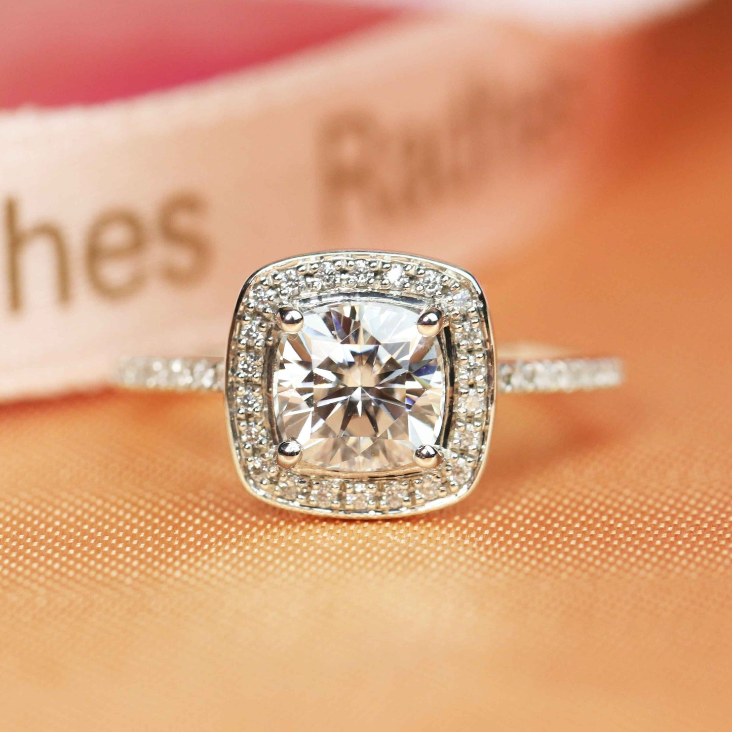 Unique 1.35 carat cushion cut Moissanite Halo Engagement Ring in Gold