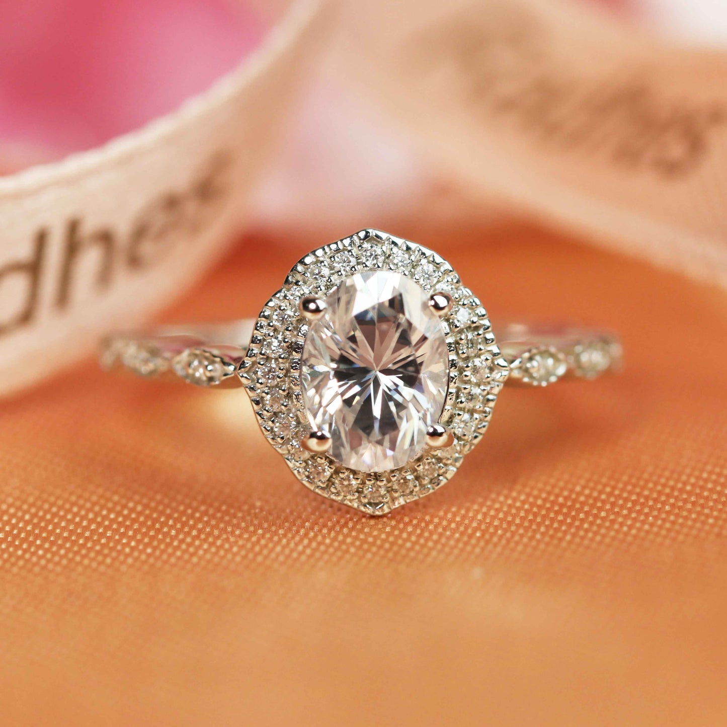 Antique vintage 1.3 carat oval cut Moissanite Engagement Ring in White Gold