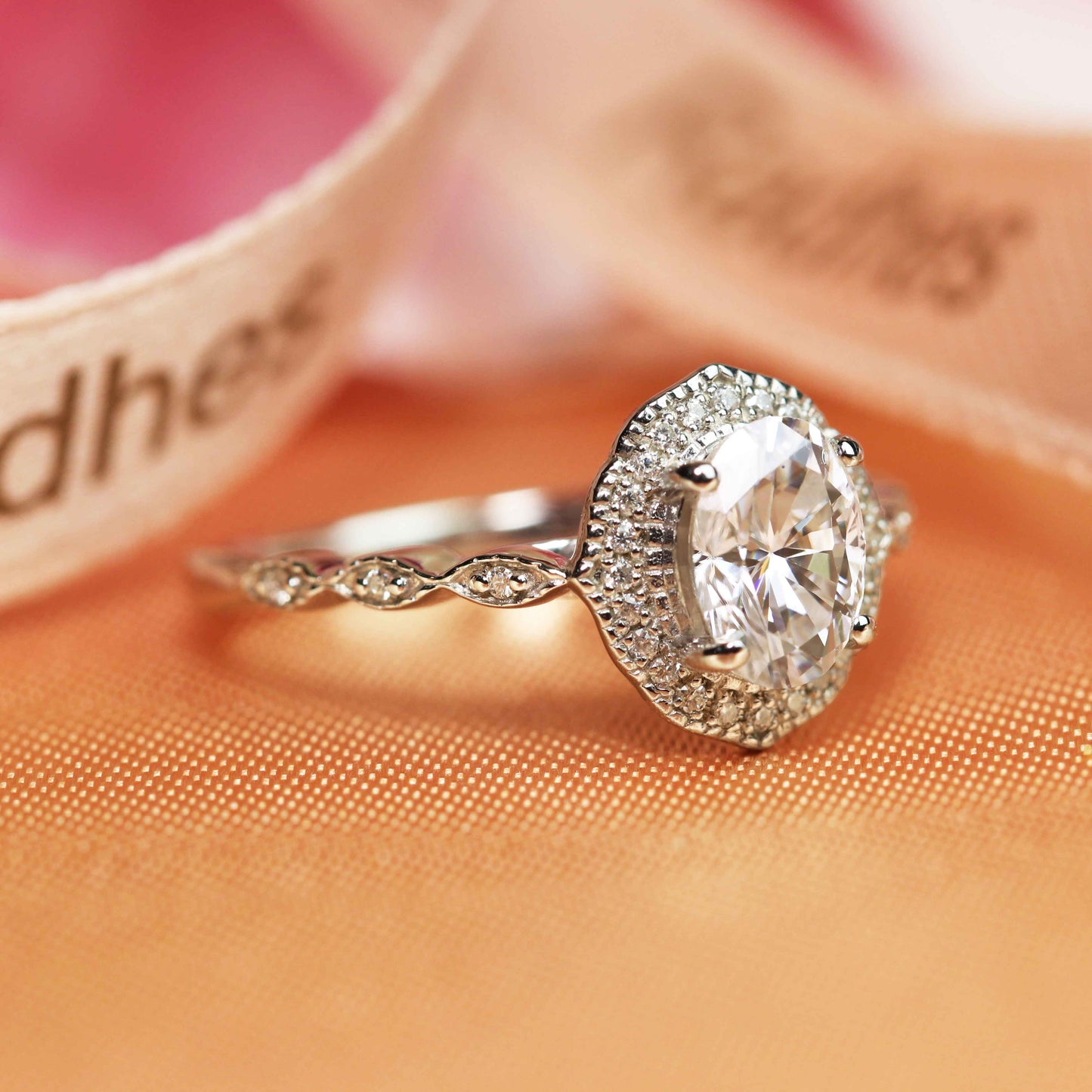 Antique vintage 1.3 carat oval cut Moissanite Engagement Ring in White Gold