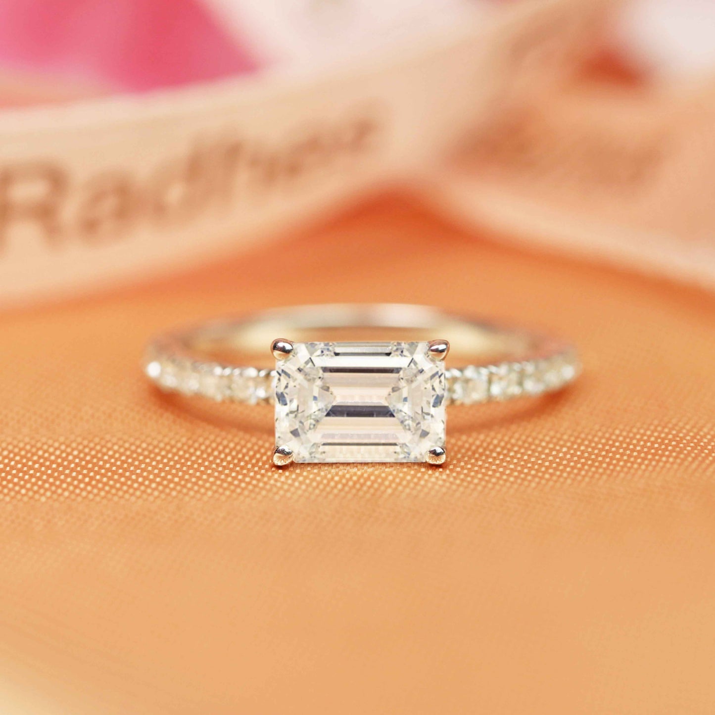 East West Setting 1.15 carat Emerald Cut Moissanite Modern Wedding Ring for Women in Gold