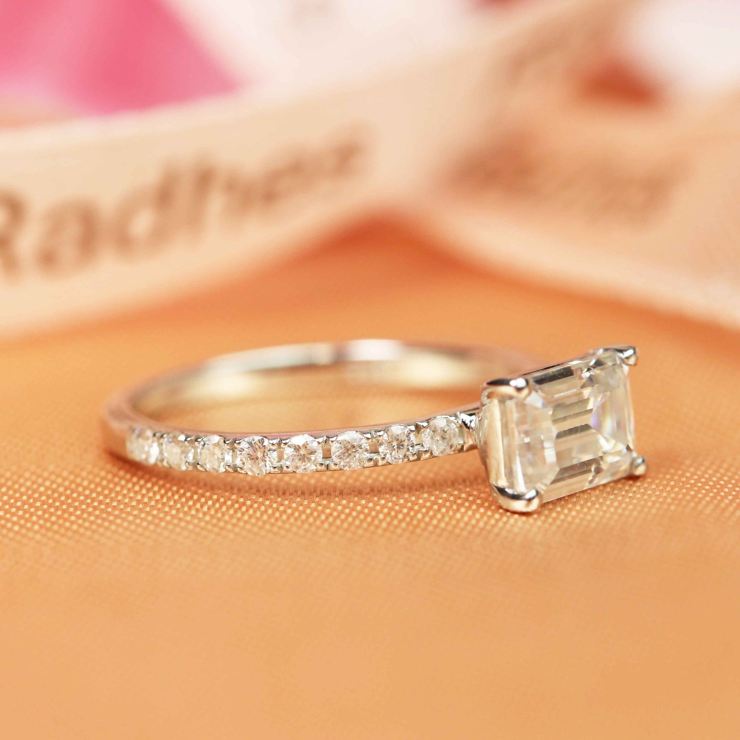 East West Setting 1.15 carat Emerald Cut Moissanite Modern Wedding Ring for Women in Gold