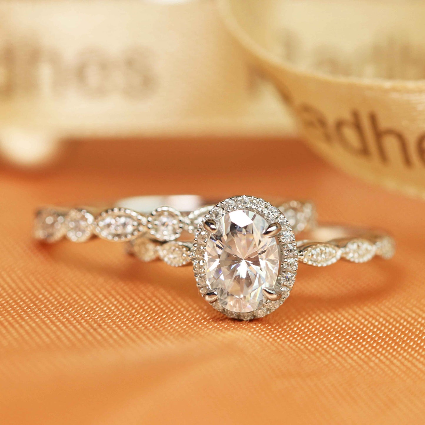Classic 1.45 carat oval cut Moissanite and Diamond Vintage Bridal Set in Gold