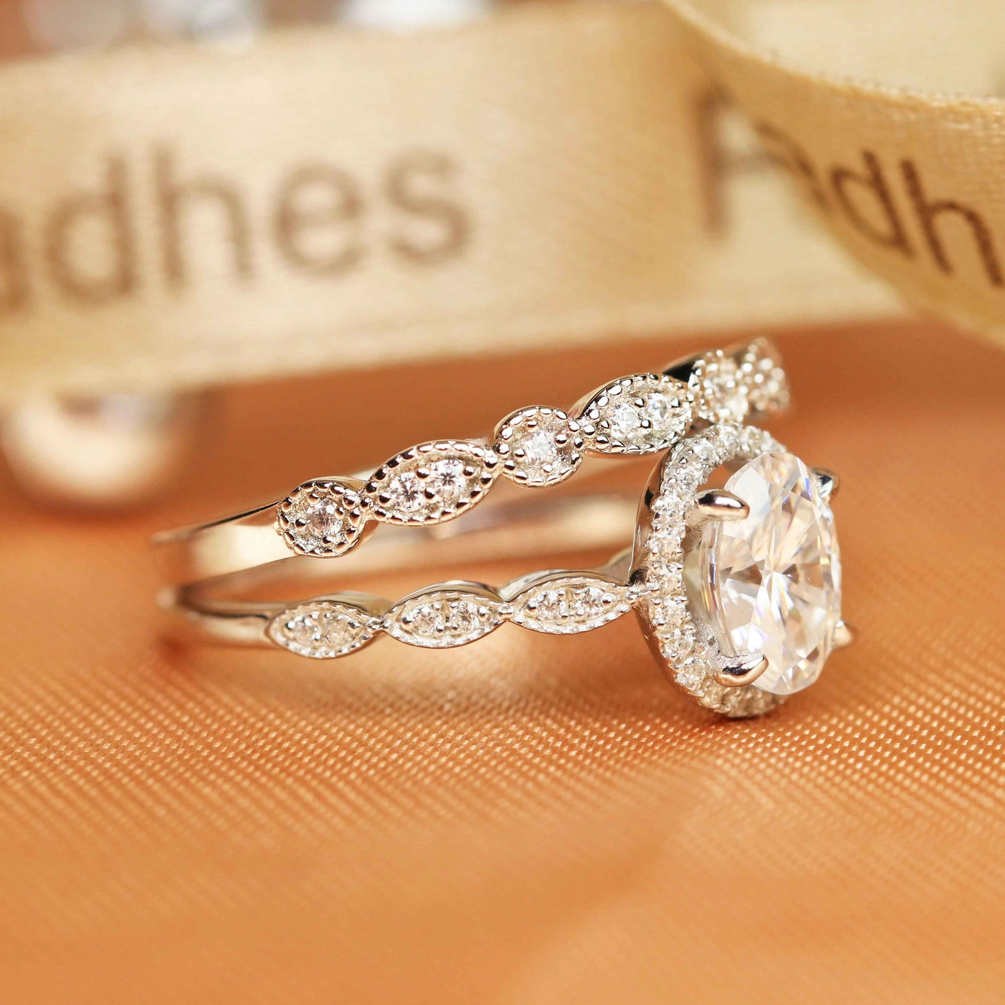 Classic 1.45 carat oval cut Moissanite and Diamond Vintage Bridal Set in Gold