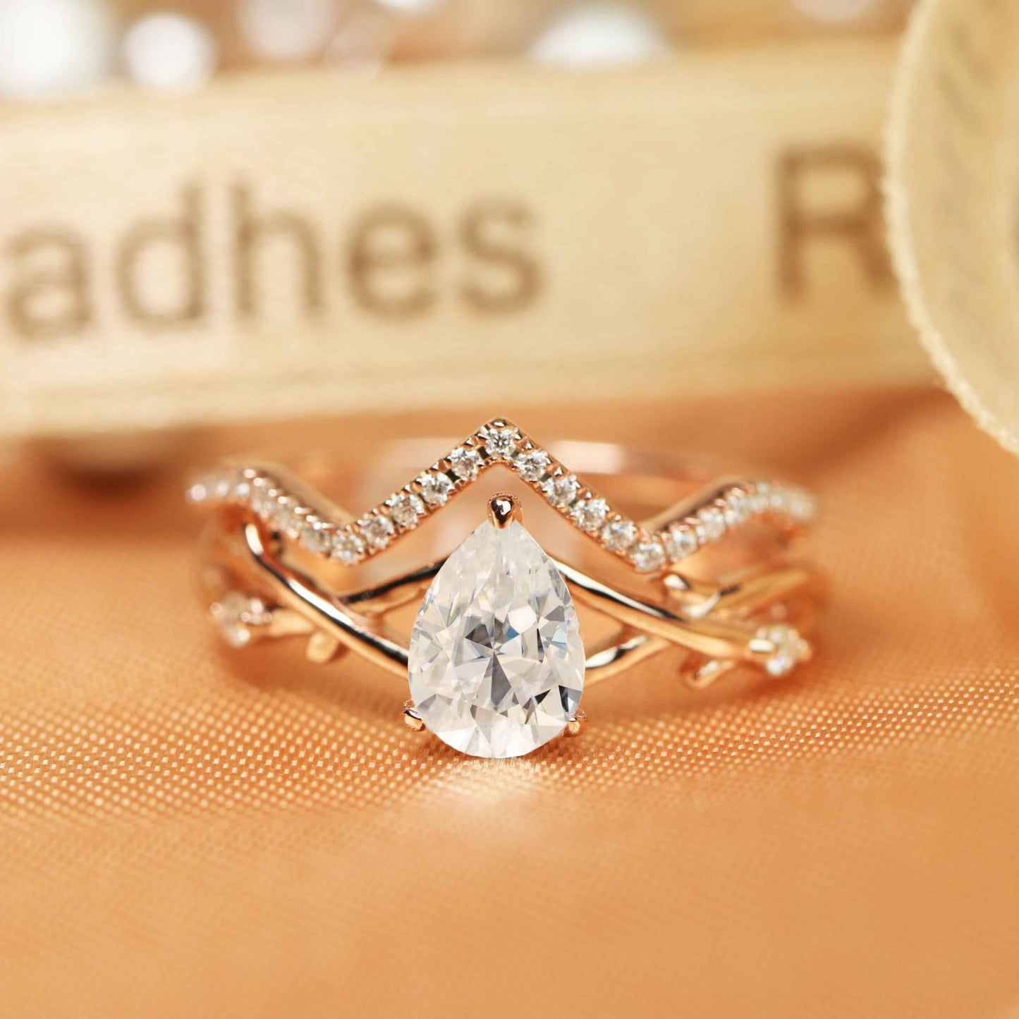 1.30 carat pear shape tear drop Moissanite Wedding Ring Set in Rose Gold