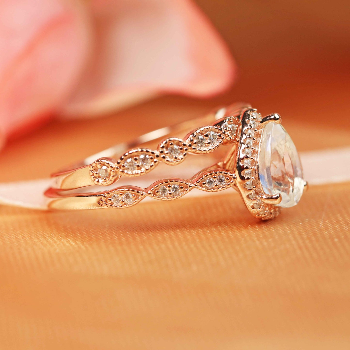 Vintage Halo 1.5 carat pear shape Rainbow Moonstone Wedding Ring Set in Rose Gold
