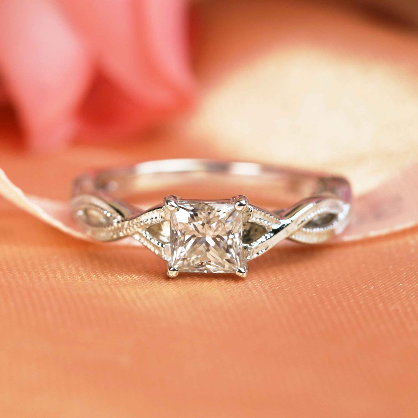Unique Vintage 1 carat Princess Cut Moissanite Solitaire Engagement Ring in White Gold