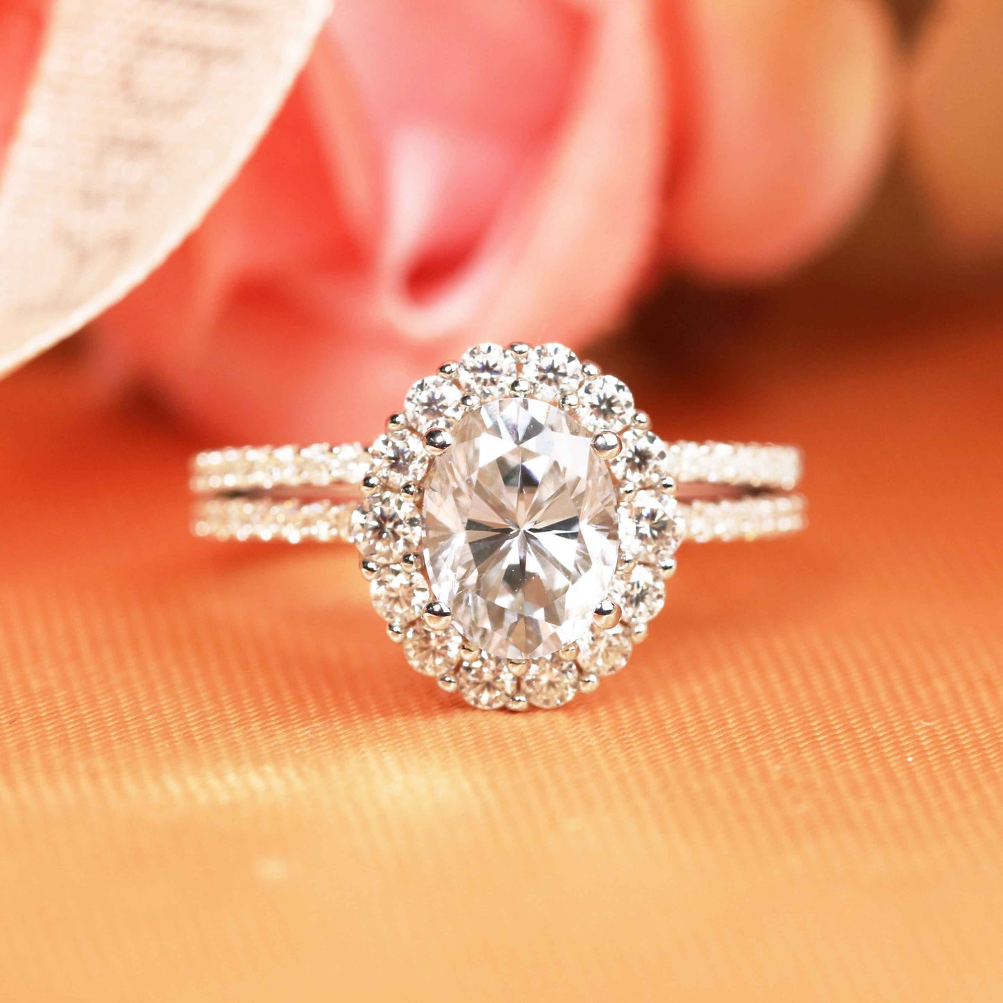 Vintage 1.55 carat Oval Cut Moissanite and Diamond Flower Halo Bridal Set in Gold