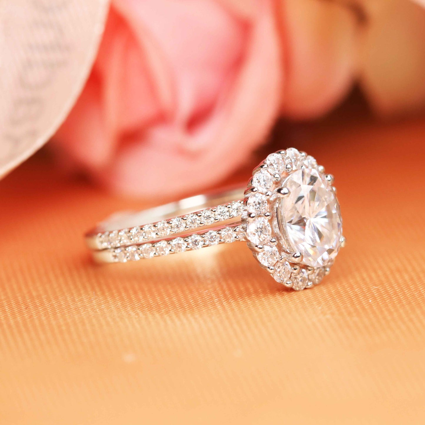 Vintage 1.55 carat Oval Cut Moissanite and Diamond Flower Halo Bridal Set in Gold