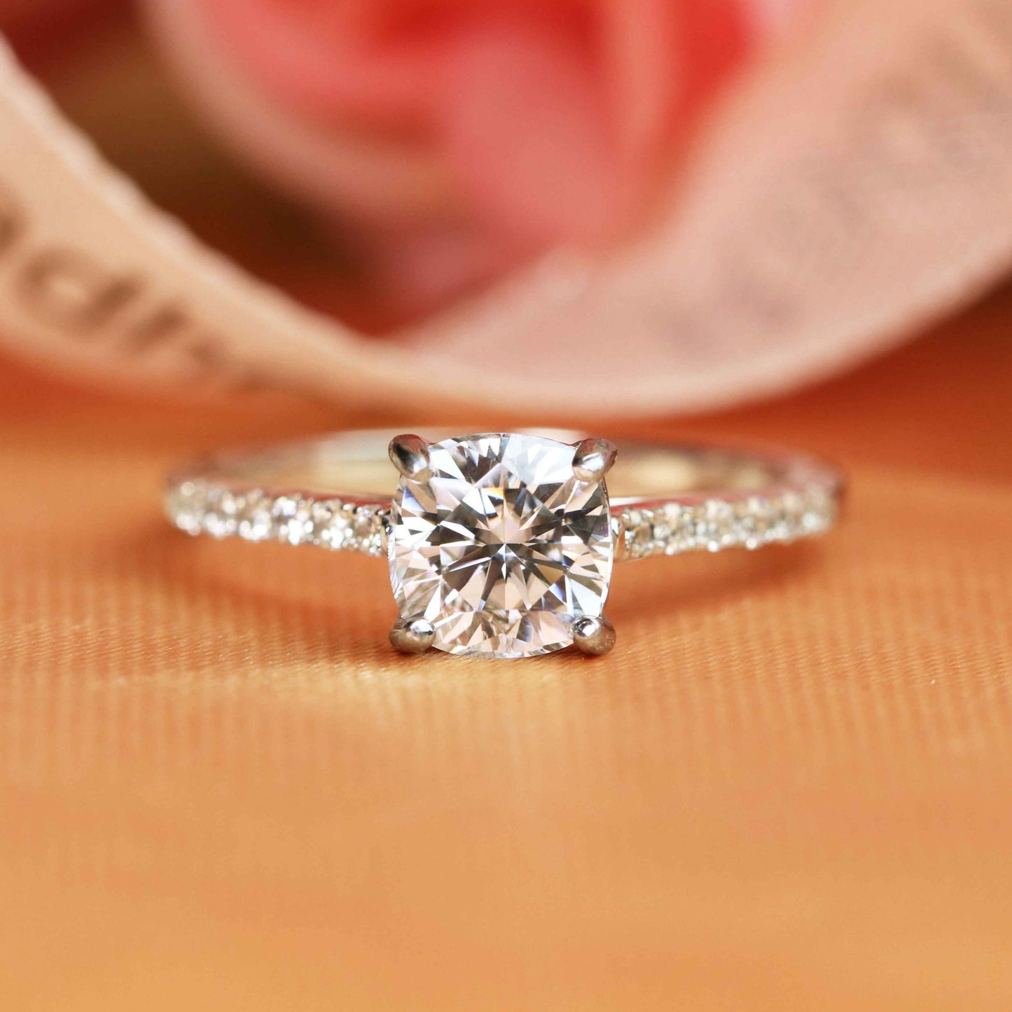 Vintage 1.1 carat cushion cut Moissanite Engagement Ring in White Gold