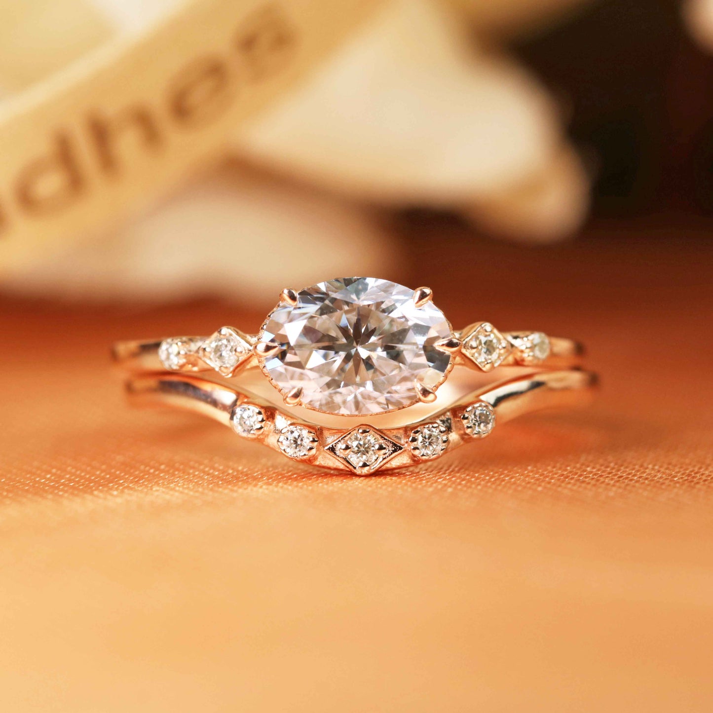 Elegant Solitaire 1.1 carat oval cut Moissanite bezel set Wedding Ring Set in Rose Gold