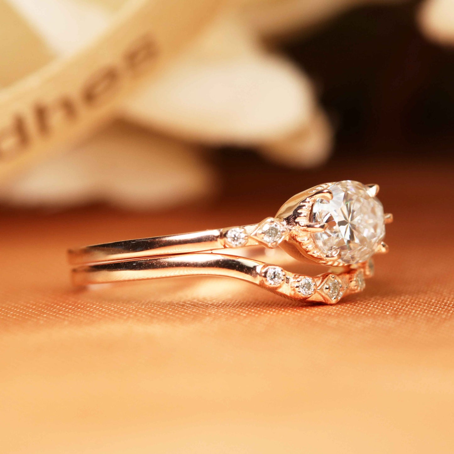 Elegant Solitaire 1.1 carat oval cut Moissanite bezel set Wedding Ring Set in Rose Gold