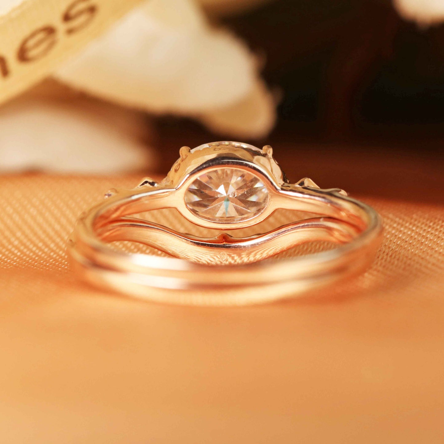 Elegant Solitaire 1.1 carat oval cut Moissanite bezel set Wedding Ring Set in Rose Gold
