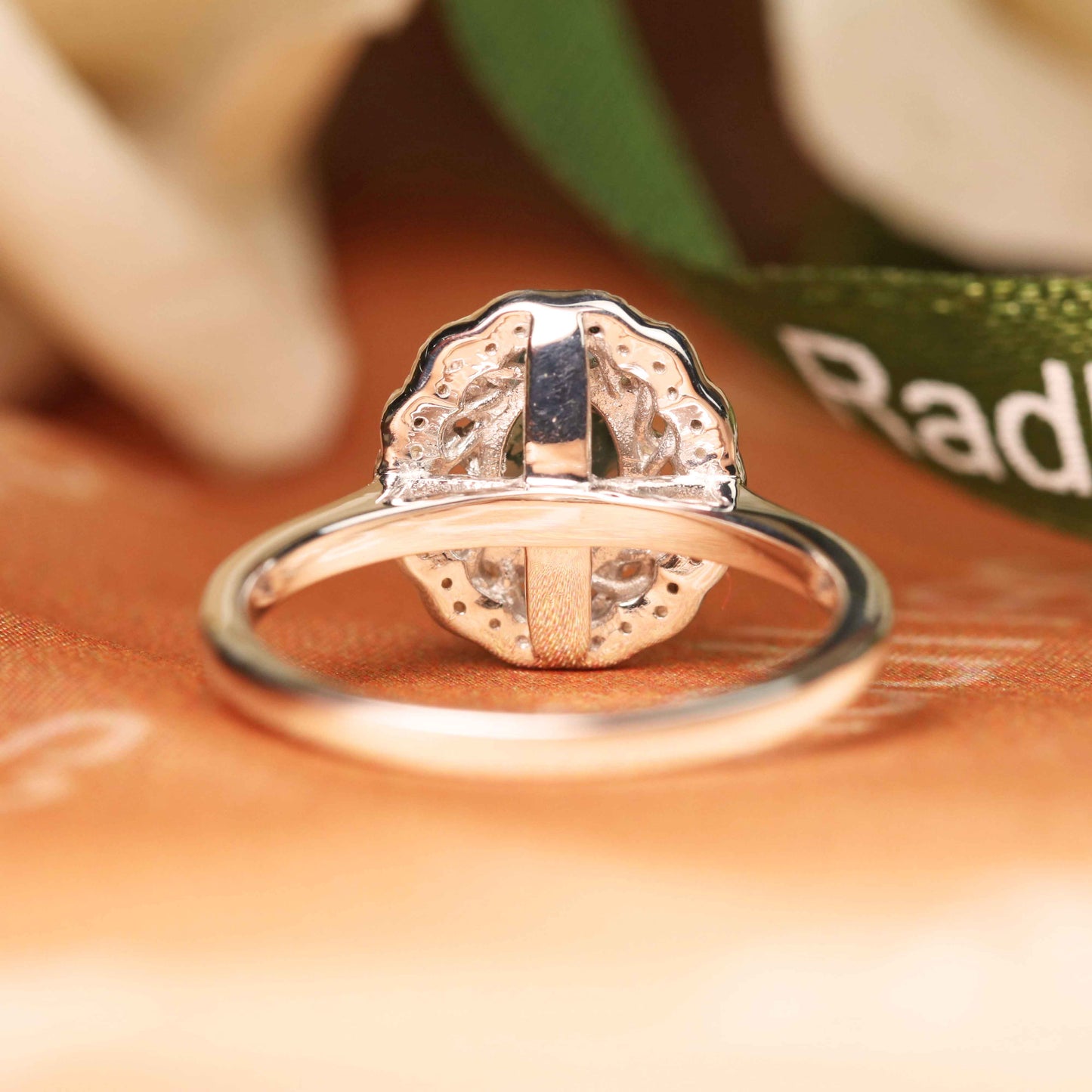 Sunflower 1.30 carat Oval Cut Moss Green Agate and Diamond Milgrain Halo Twist Frame Wedding Ring in White Gold