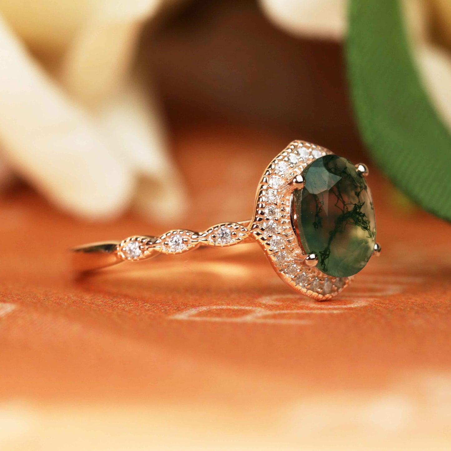 1.3 carat Oval Cut Moss Green Agate and Diamond Vintage Halo Milgrain Wedding Ring in Rose Gold