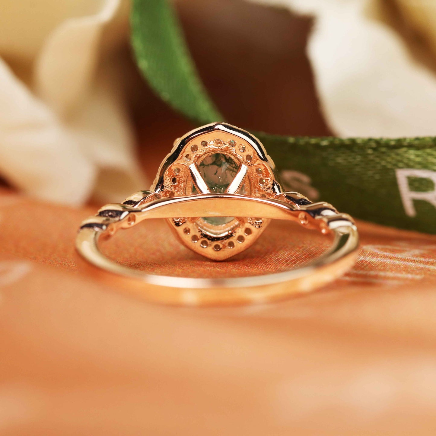 1.3 carat Oval Cut Moss Green Agate and Diamond Vintage Halo Milgrain Wedding Ring in Rose Gold