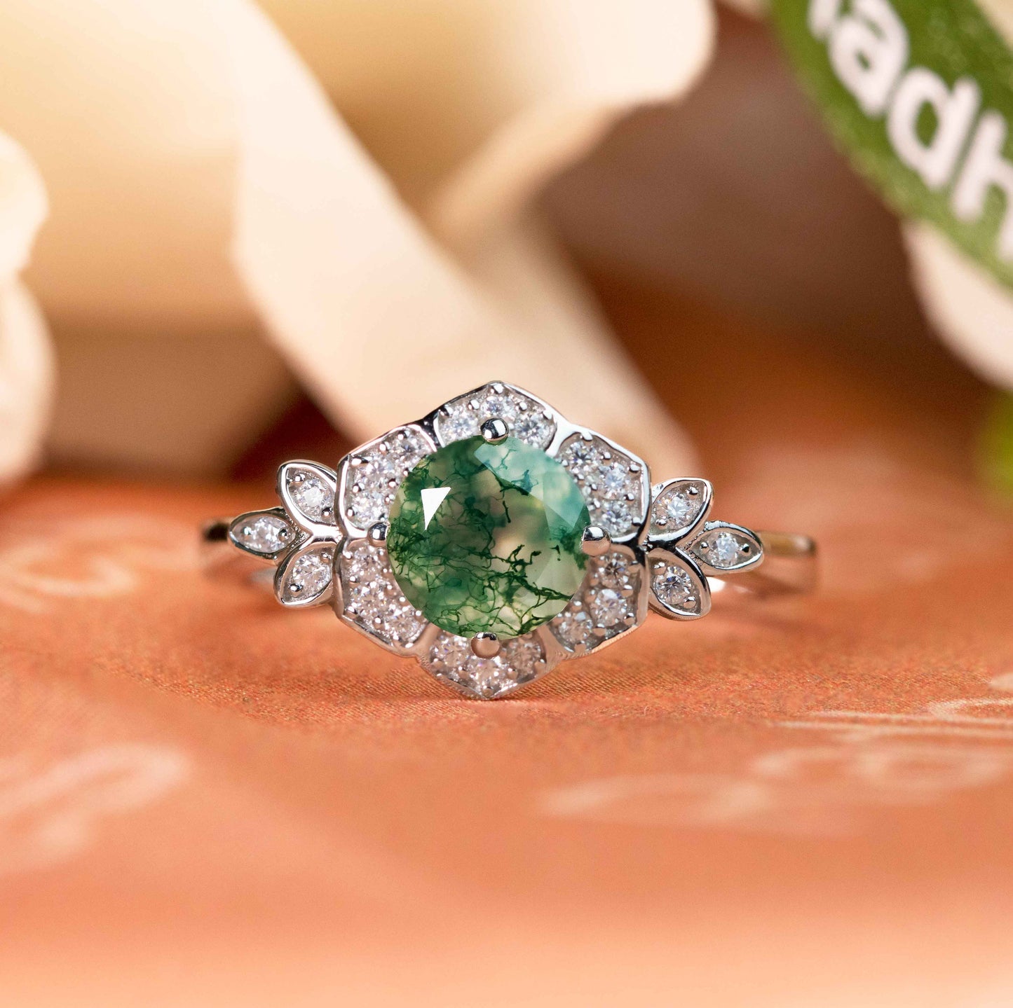 Flower 1.25 carat Round Cut Moss Green Agate and Diamond Halo Bezel Plain Shank Ring in White Gold