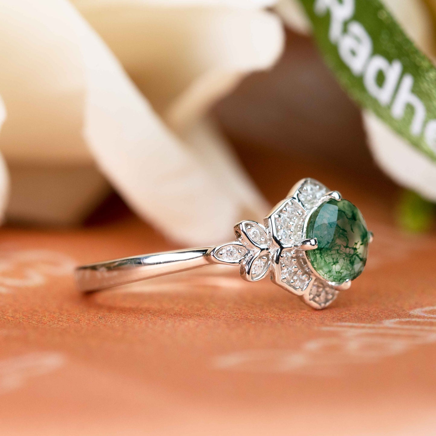 Flower 1.25 carat Round Cut Moss Green Agate and Diamond Halo Bezel Plain Shank Ring in White Gold