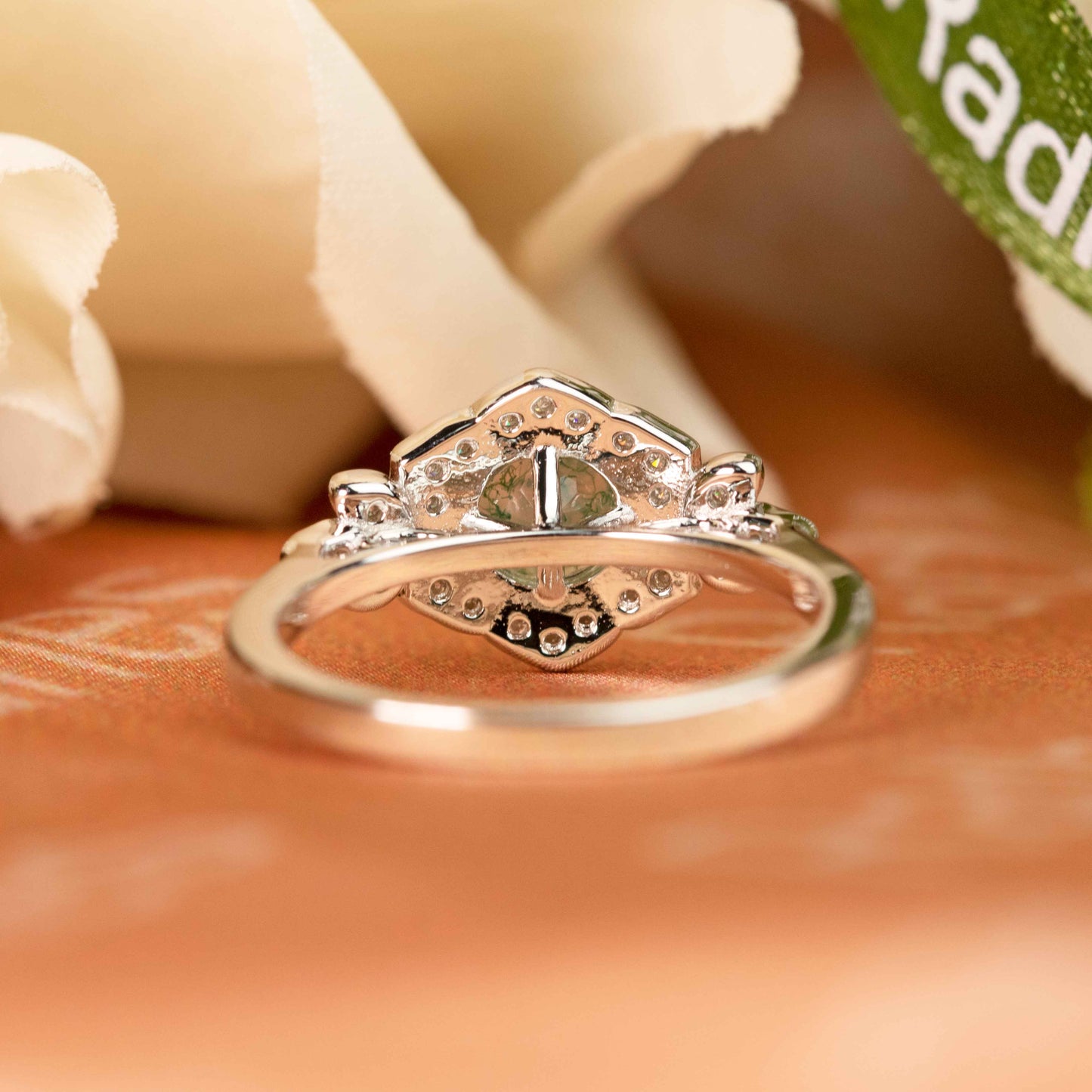 Flower 1.25 carat Round Cut Moss Green Agate and Diamond Halo Bezel Plain Shank Ring in White Gold