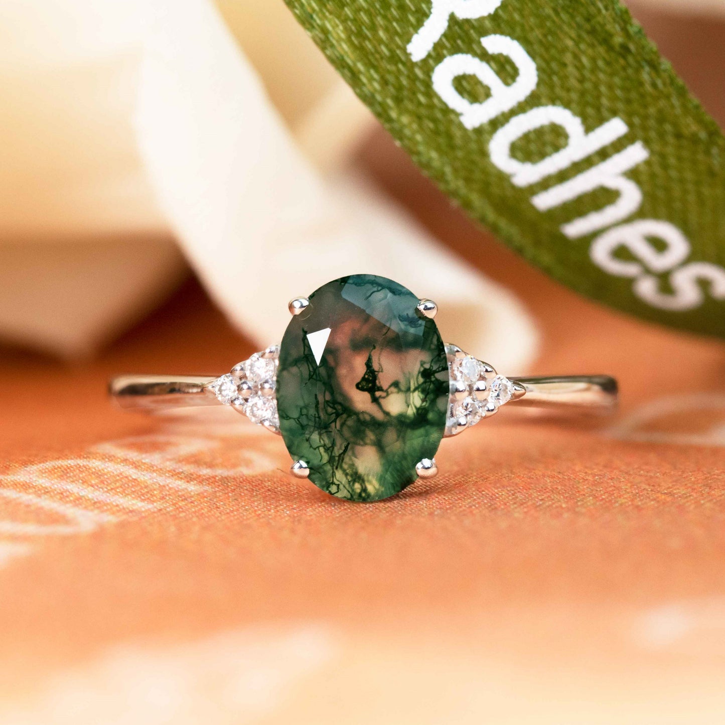 Classic 7 Stone 1.1 carat Oval Cut Moss Green Agate and Diamond Plain Shank Wedding Ring in White Gold