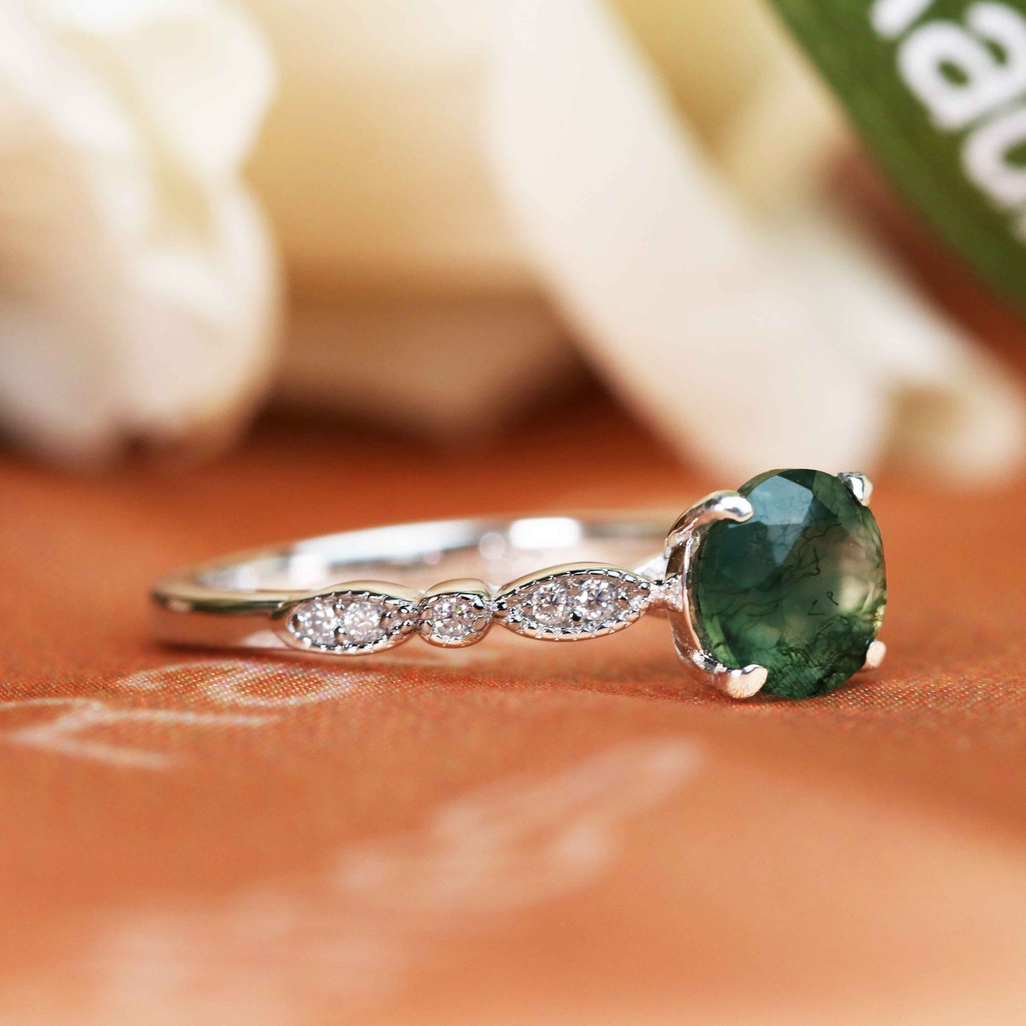 1.15 carat Round Cut Moss Green Agate and Diamond Milgrain Solitaire Engagement Ring in White Gold