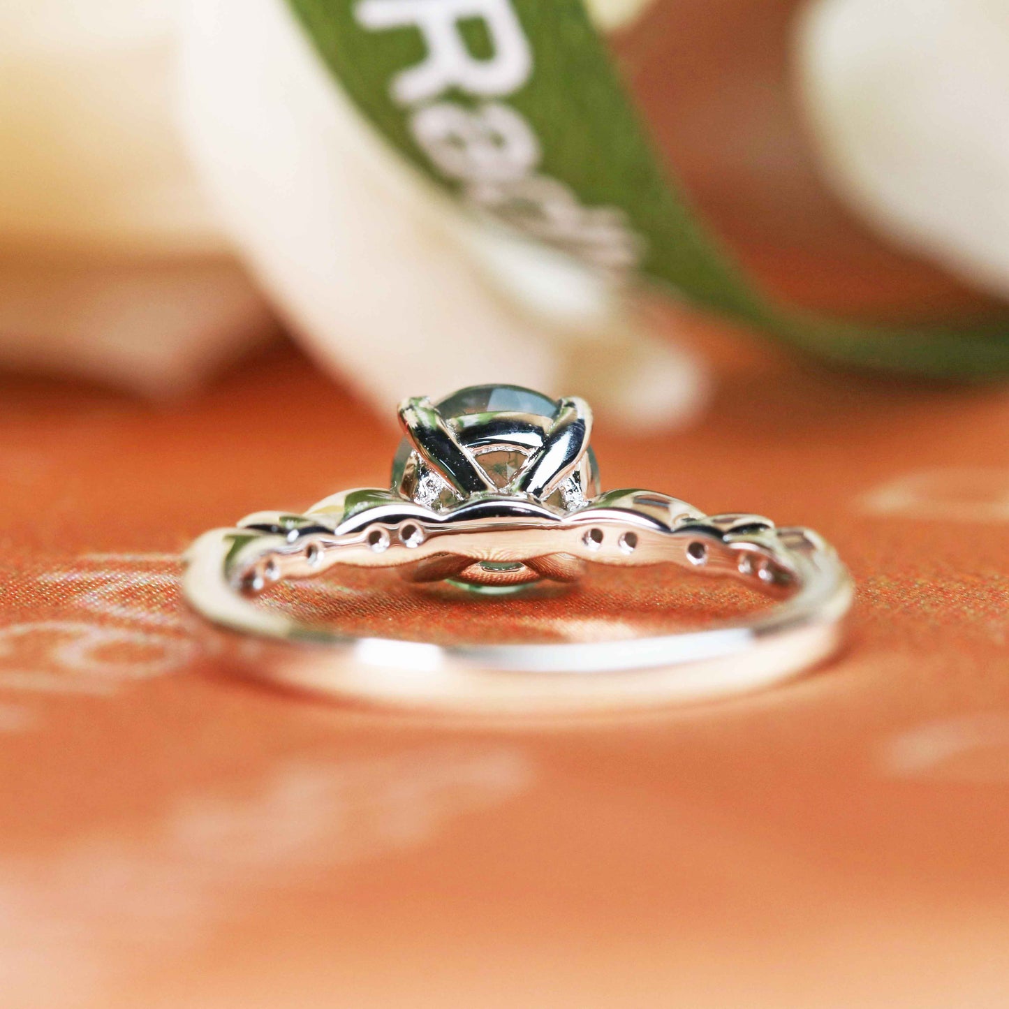 1.15 carat Round Cut Moss Green Agate and Diamond Milgrain Solitaire Engagement Ring in White Gold