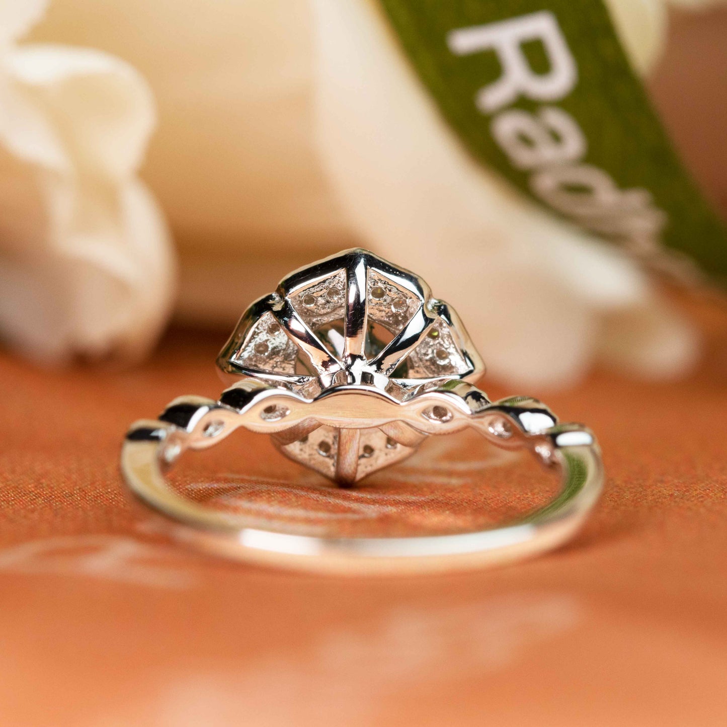 Vintage Flower Petal 1.25 carat Round Cut Moss Green Agate and Diamond in Marquise Bezel Ring for Women in White Gold