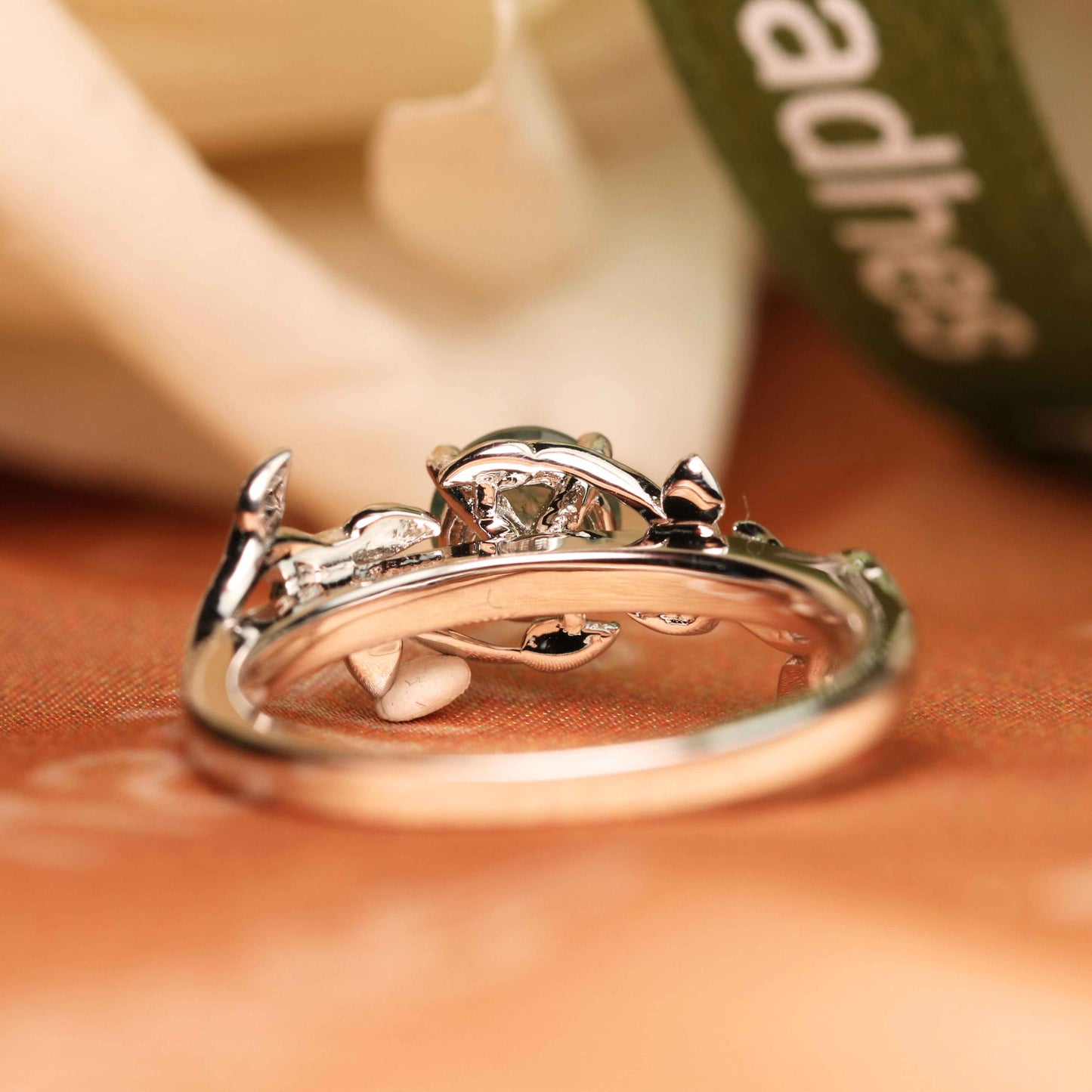 Dainty Vine 1 carat Round Shaped Moss Green Agate Solitaire Ring in White Gold