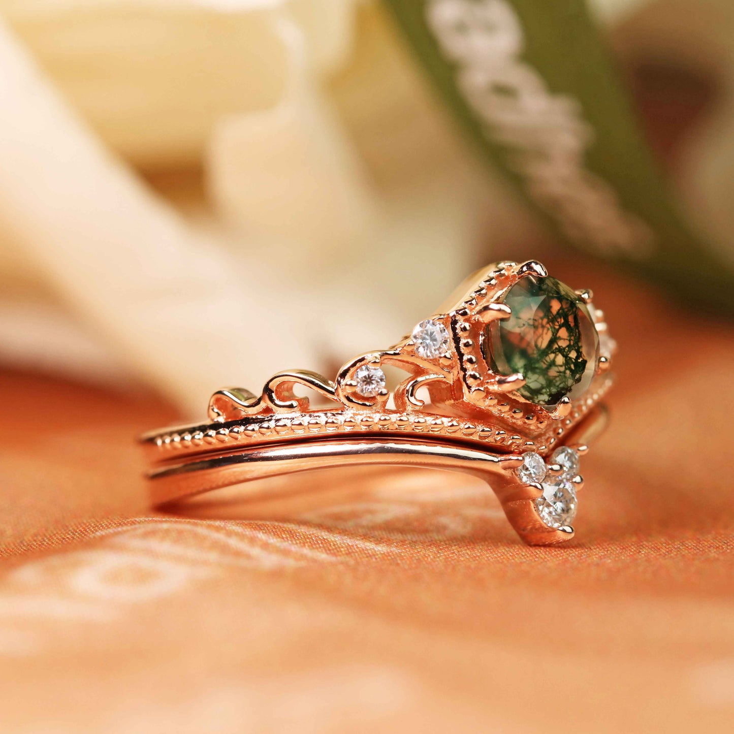 Filigree Chevron Tiara 0.6 carat Round Cut Moss Green Agate and Diamond Wedding Ring Set in Rose Gold