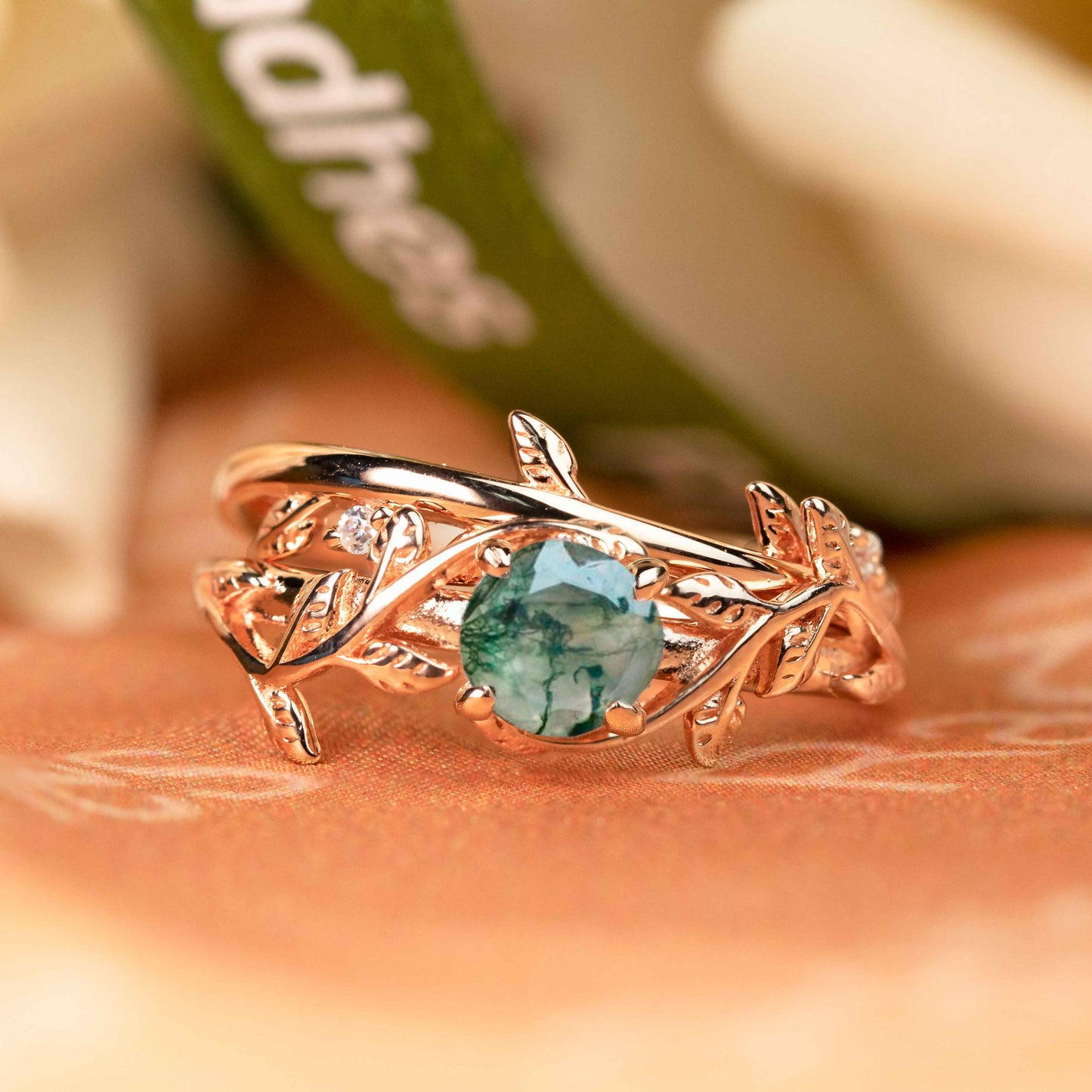 Vine 1 carat Round Cut Moss Green Agate Solitaire Wedding Ring Set for Women with Matching Leaf Design Wedding Band in Rose Gold