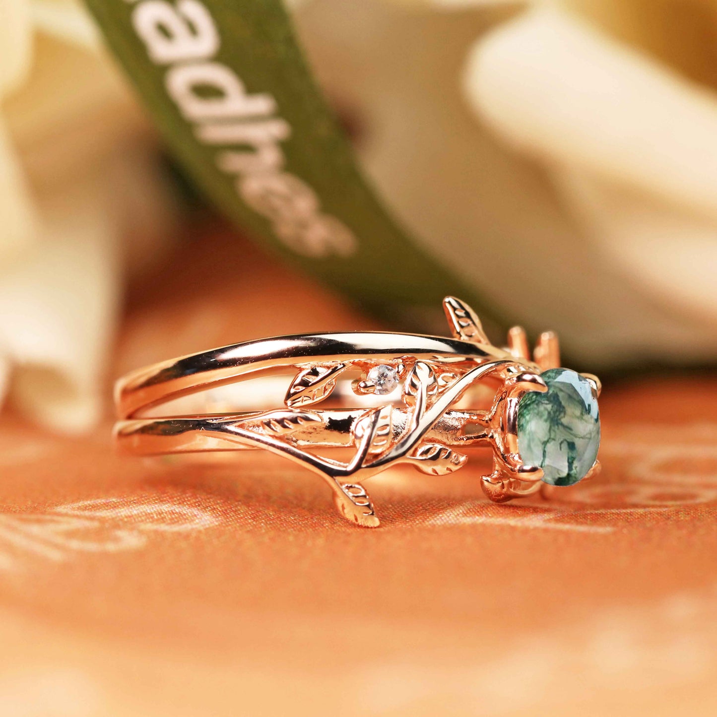 Vine 1 carat Round Cut Moss Green Agate Solitaire Wedding Ring Set for Women with Matching Leaf Design Wedding Band in Rose Gold