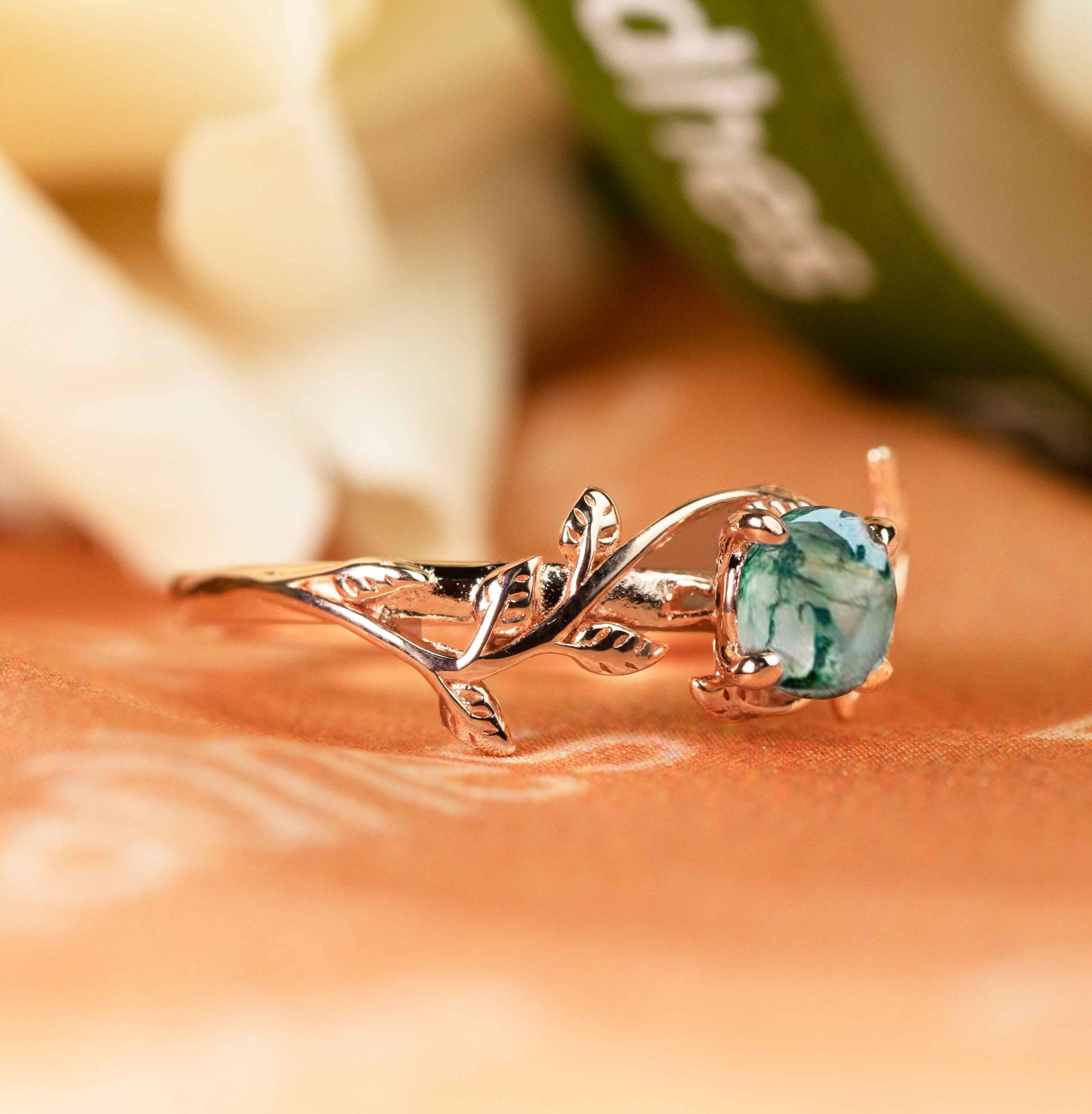 Dainty Vine 1 carat Round Cut Moss Green Agate Solitaire Ring for Women in Rose Gold