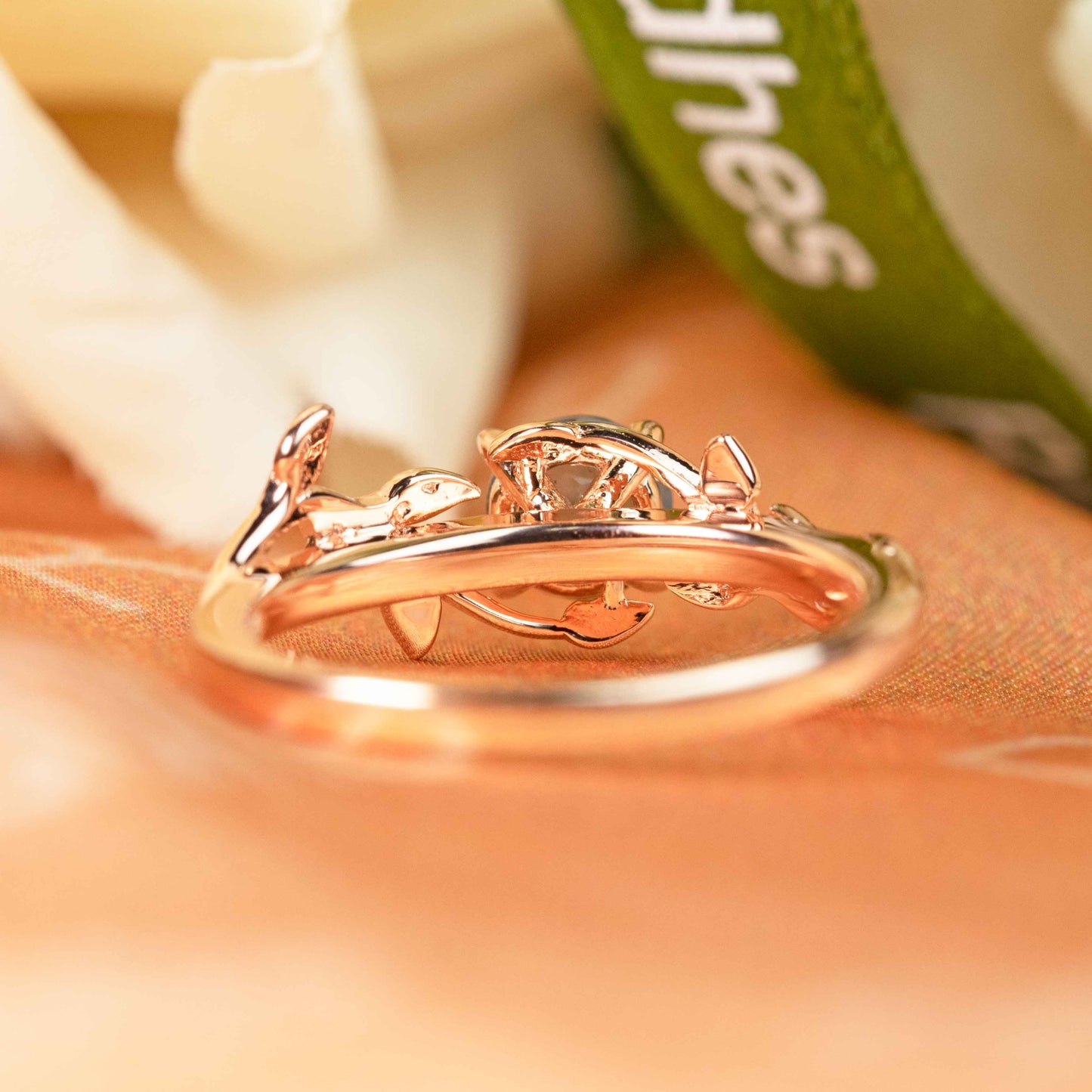 Dainty Vine 1 carat Round Cut Moss Green Agate Solitaire Ring for Women in Rose Gold