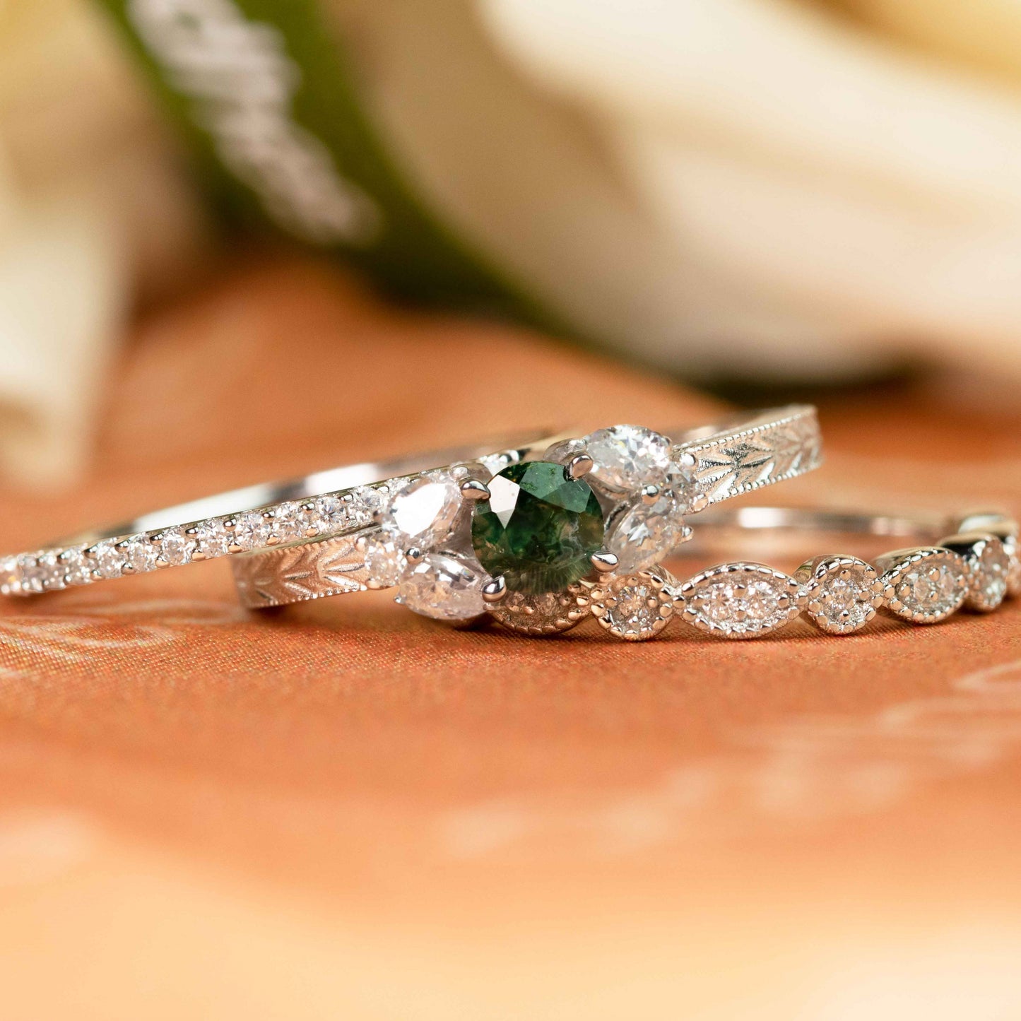 Trio 7 Stone 1 carat Round Cut Moss Green Agate and Diamond 3 Piece Engagement Rings Set with Matching Wedding Bands in White Gold