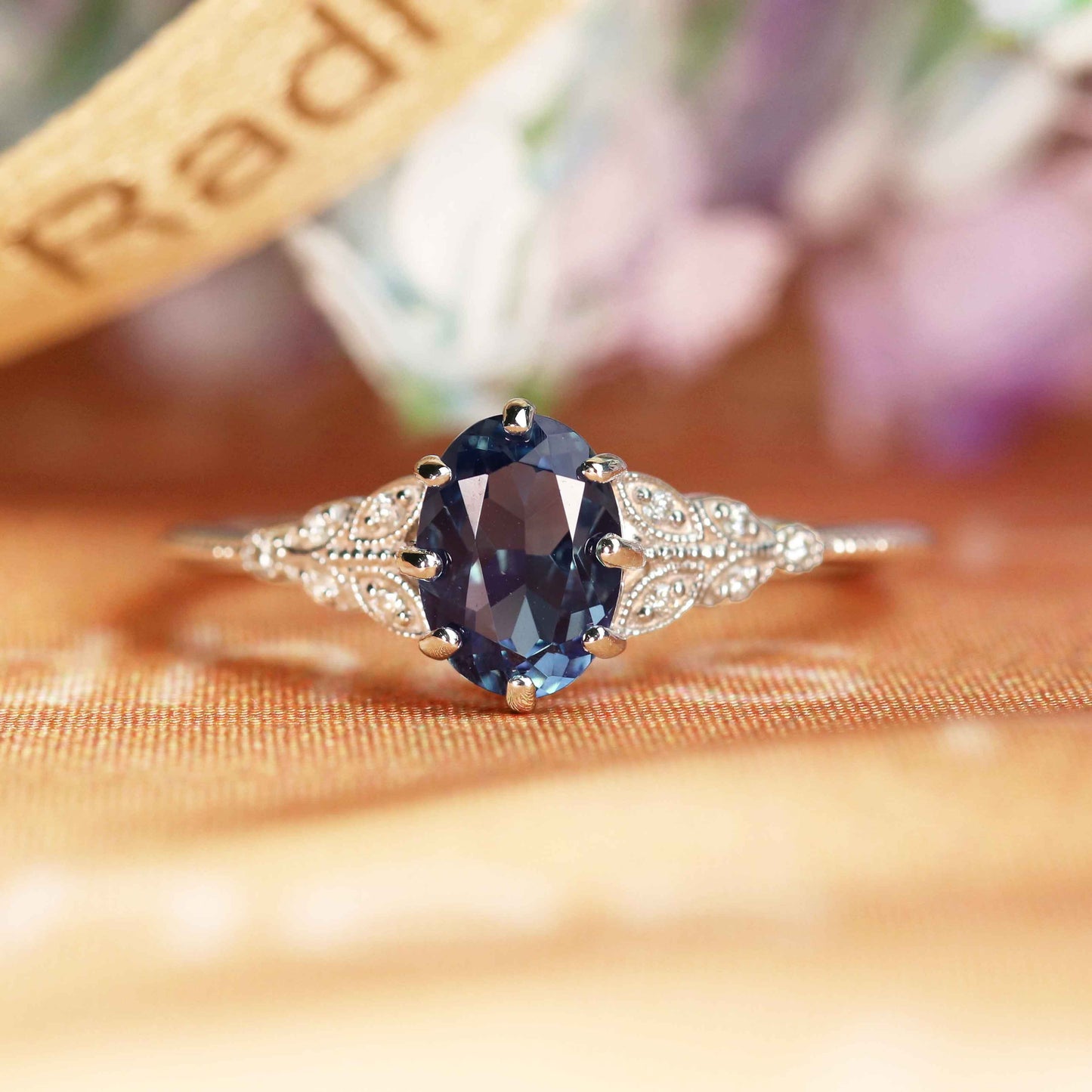 Milgrain Knife Edge 1.25 carat Oval Shaped Alexandrite and Diamond Ring for Women in White Gold