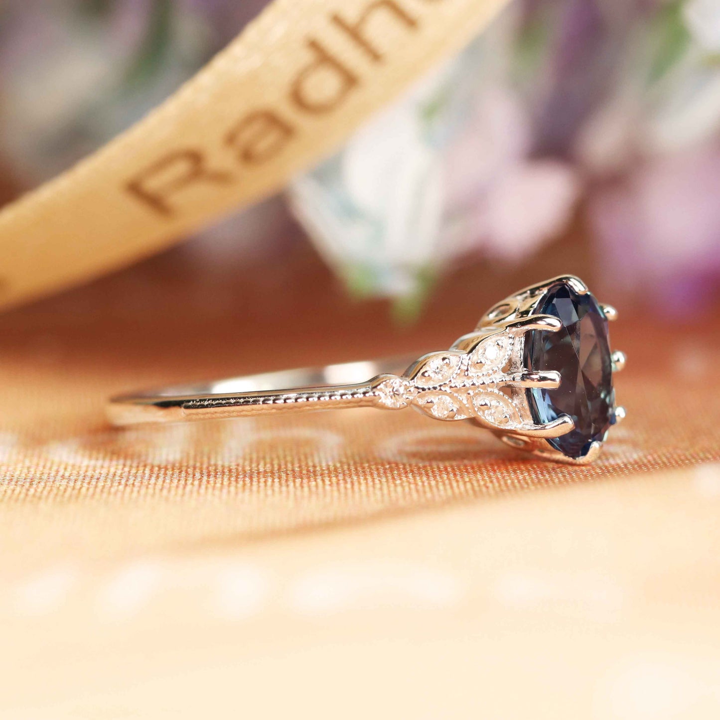 Milgrain Knife Edge 1.25 carat Oval Shaped Alexandrite and Diamond Ring for Women in White Gold