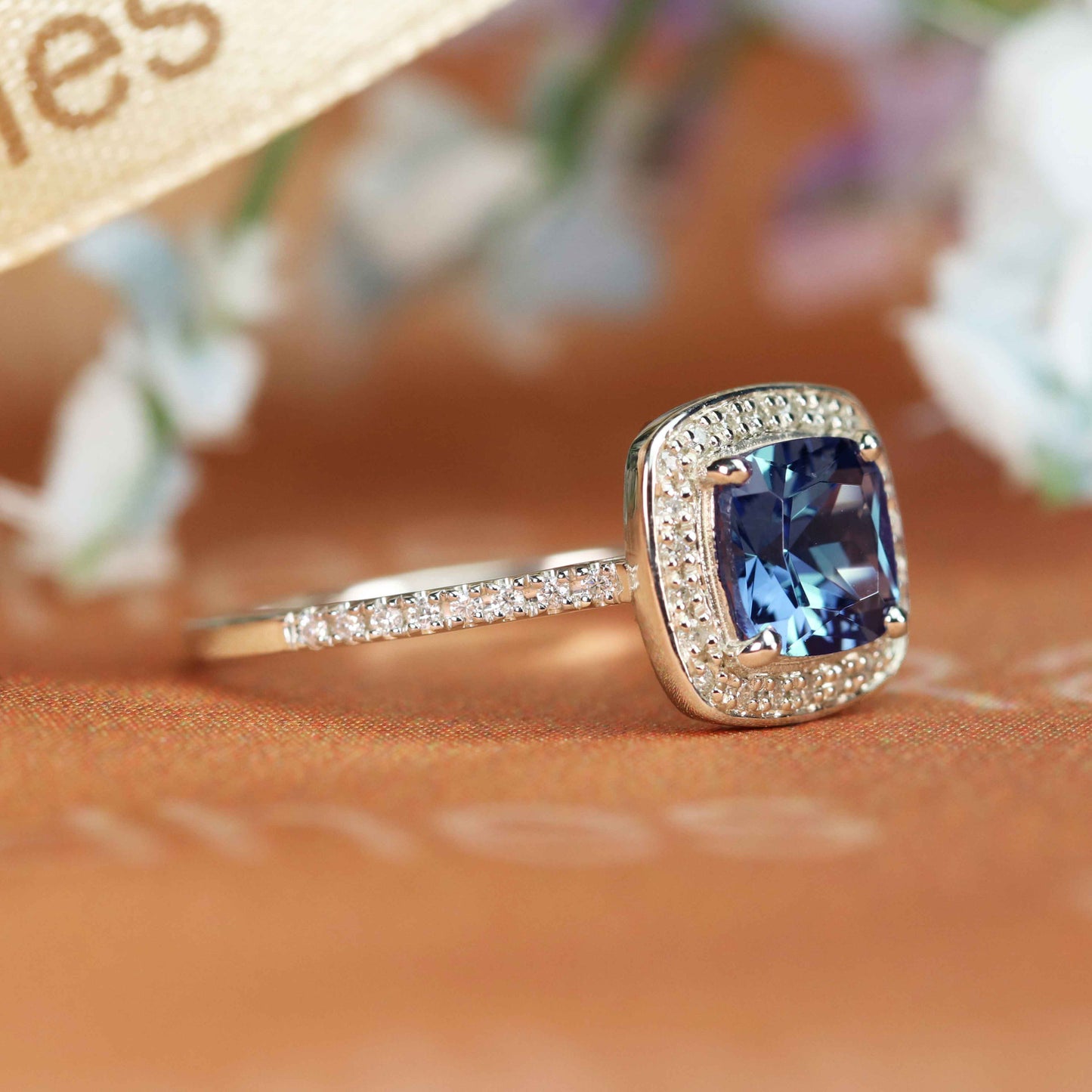 Classy 1.5 carat Cushion Shaped Alexandrite and Diamond Pave Channel Halo Anniversary Ring in White Gold
