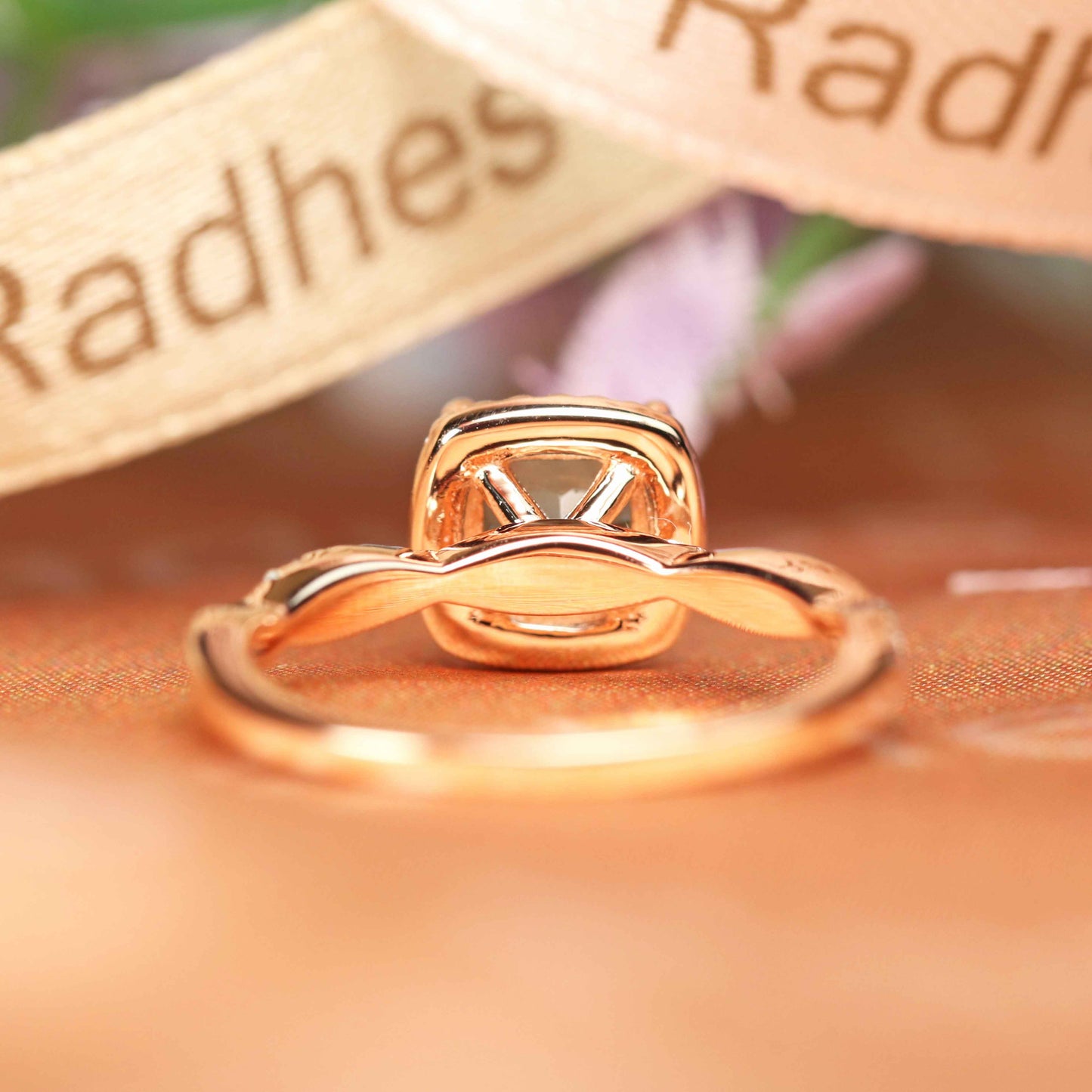 Twisted 1.25 carat Cushion Cut Alexandrite and Diamond Pave Halo Wedding Ring in Rose Gold