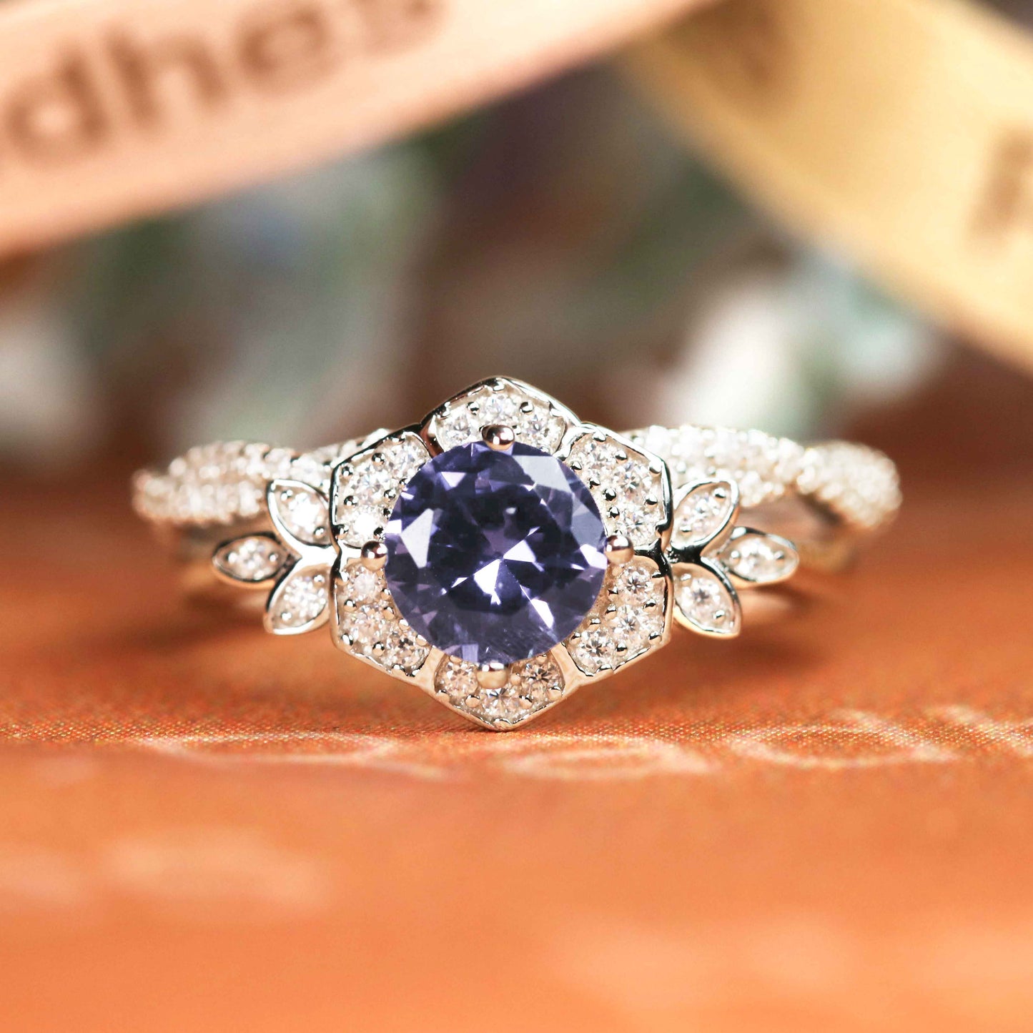 Flowery Halo 1.7 carat Round Shaped Alexandrite Diamond Bridal Ring Set in White Gold
