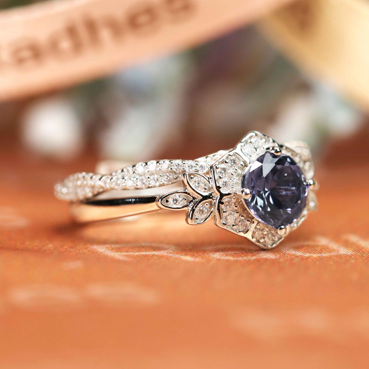 Flowery Halo 1.7 carat Round Shaped Alexandrite Diamond Bridal Ring Set in White Gold