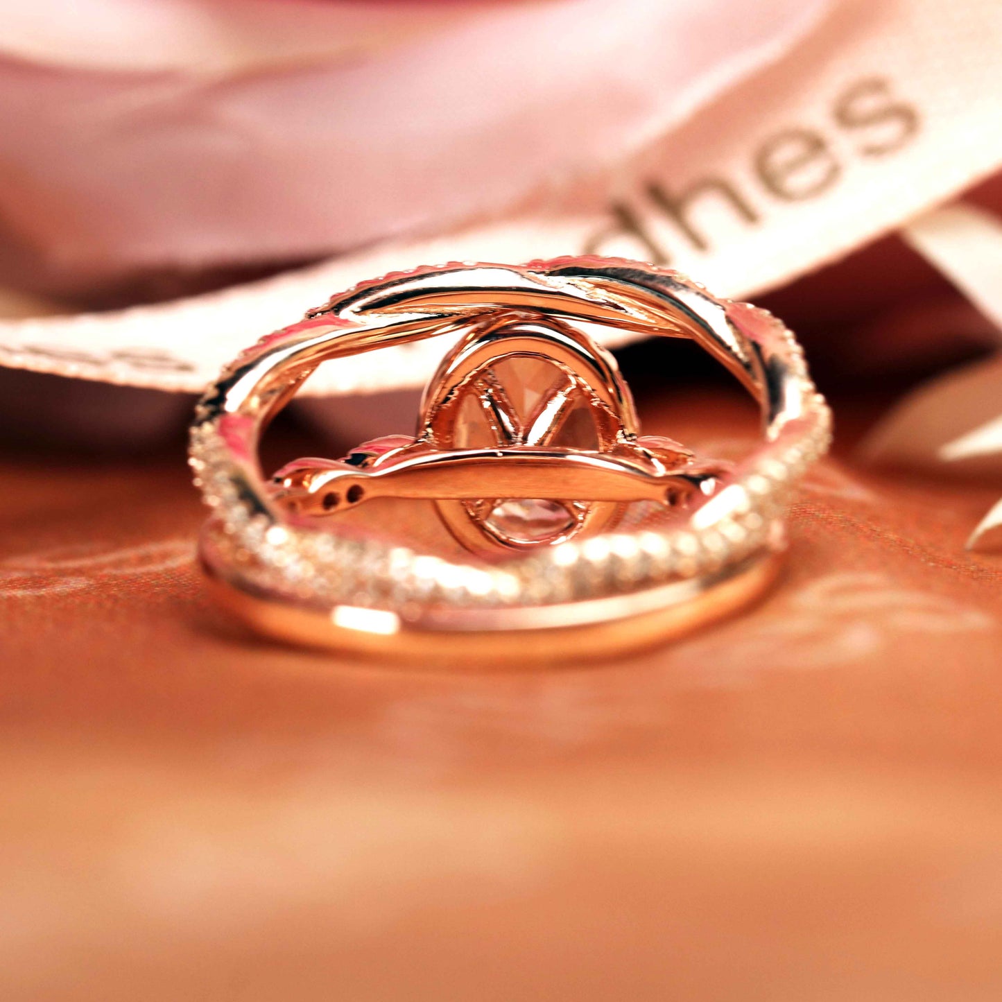 Bezel set 1.75 carat oval cut peach pink Morganite vintage Wedding Ring Set in Rose Gold