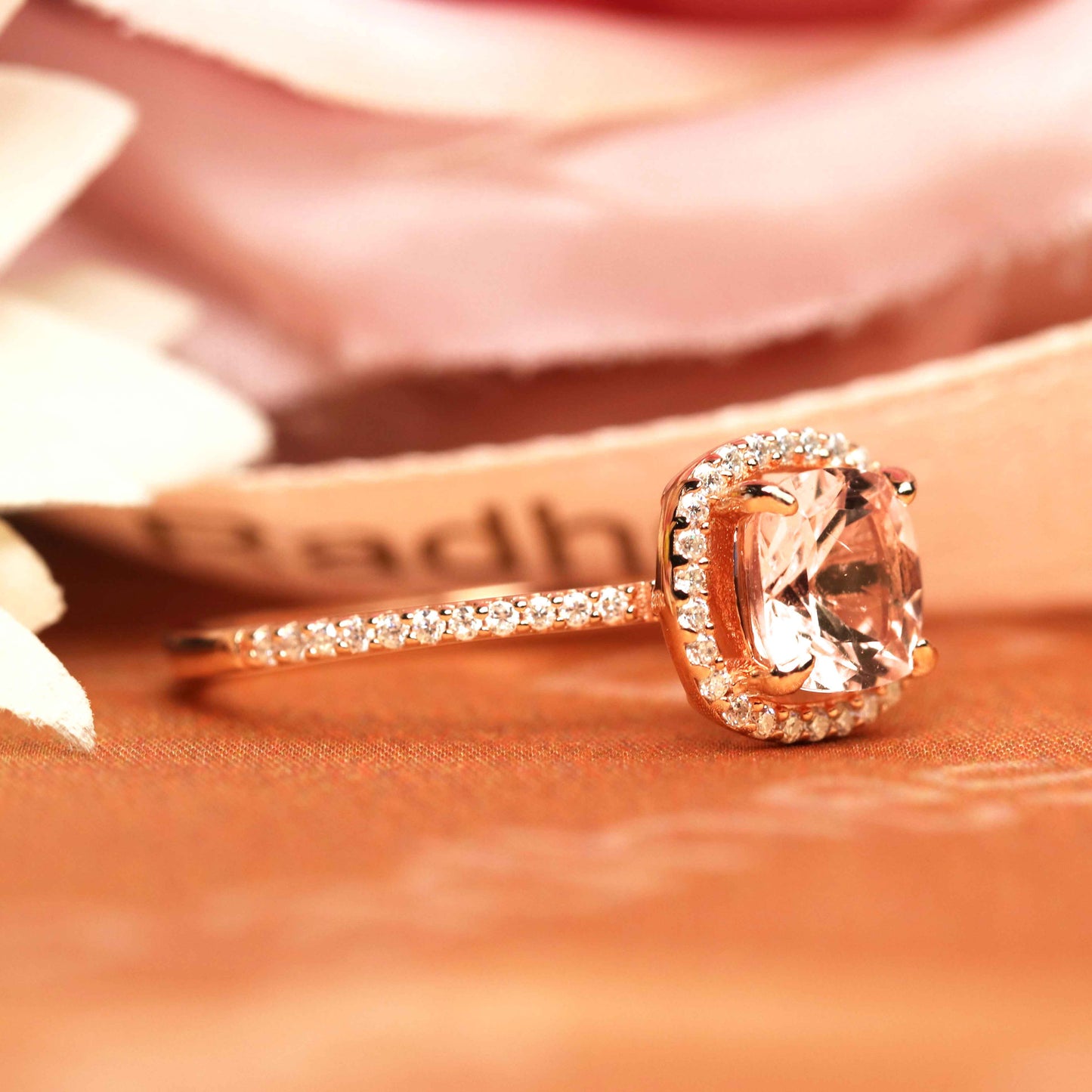 Sale 1.45 carat Cushion Cut Morganite with Diamond Halo Engagement Ring in Rose Gold