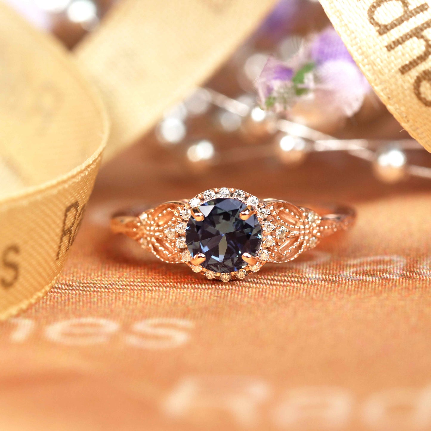 Art Deco 1.2 carat Round Shaped Alexandrite and Diamond Nature-inspired Milgrain Promise Ring in Rose Gold