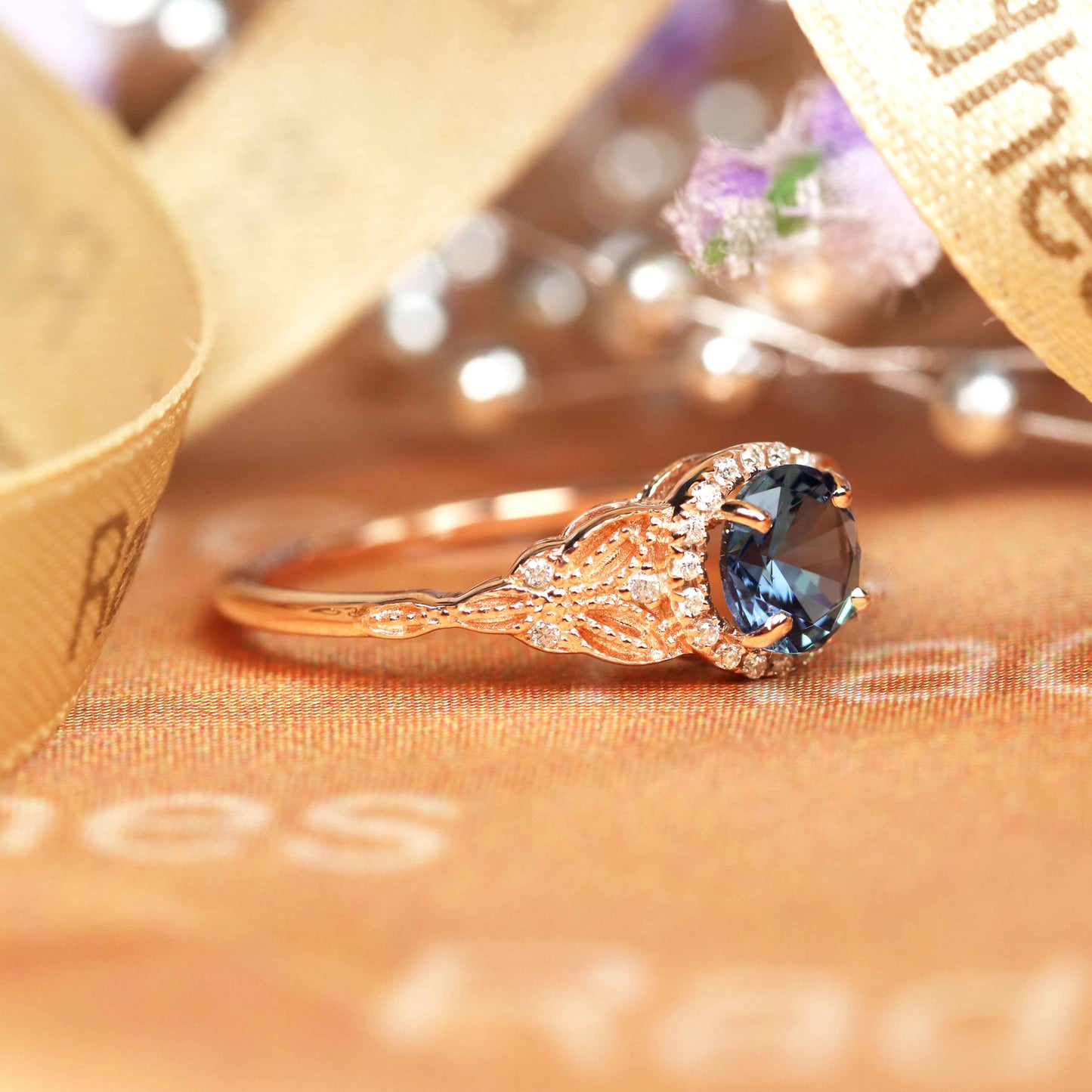 Art Deco 1.2 carat Round Shaped Alexandrite and Diamond Nature-inspired Milgrain Promise Ring in Rose Gold