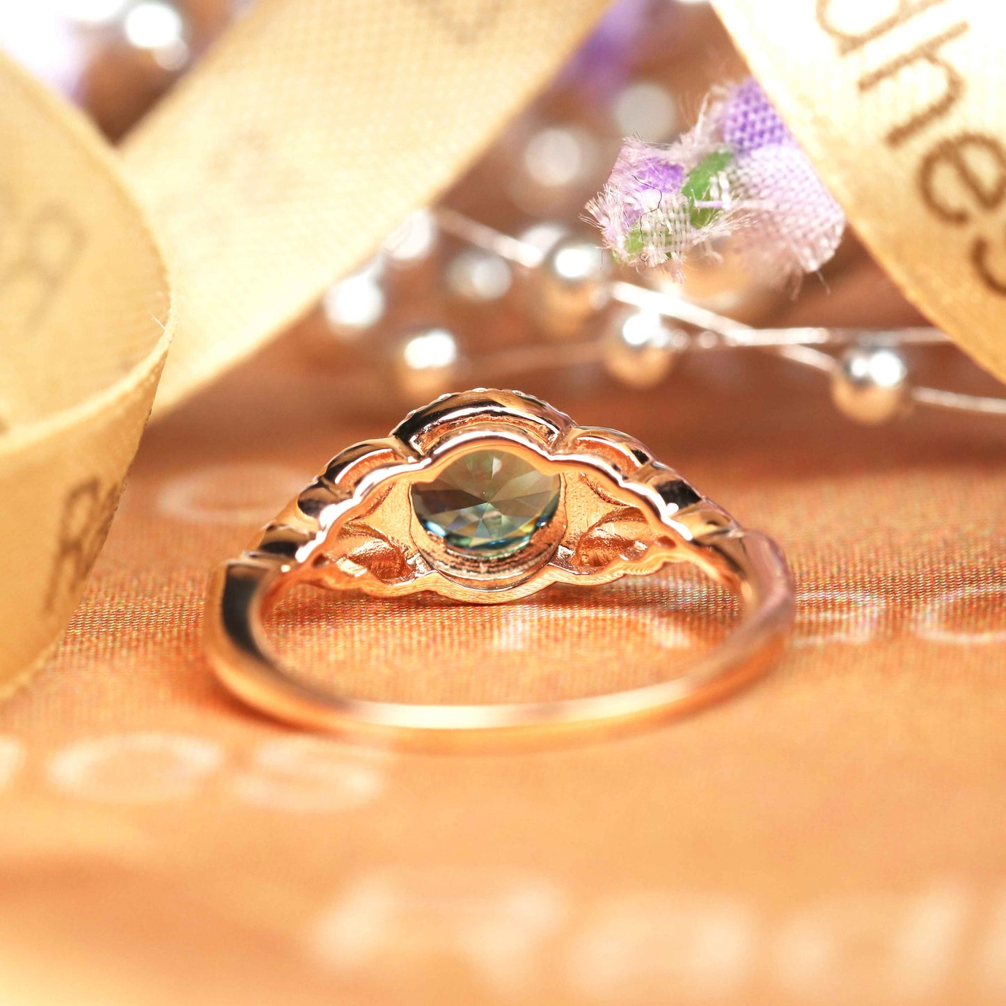 Art Deco 1.2 carat Round Shaped Alexandrite and Diamond Nature-inspired Milgrain Promise Ring in Rose Gold