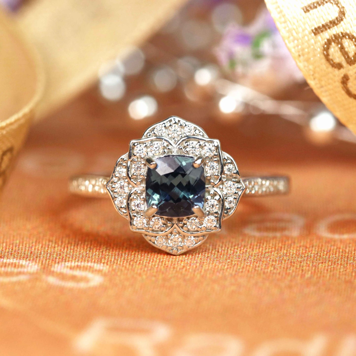 Classic Flower 1.5 carat Cushion Shaped Alexandrite and Diamond Halo Vintage Ring for Her in White Gold