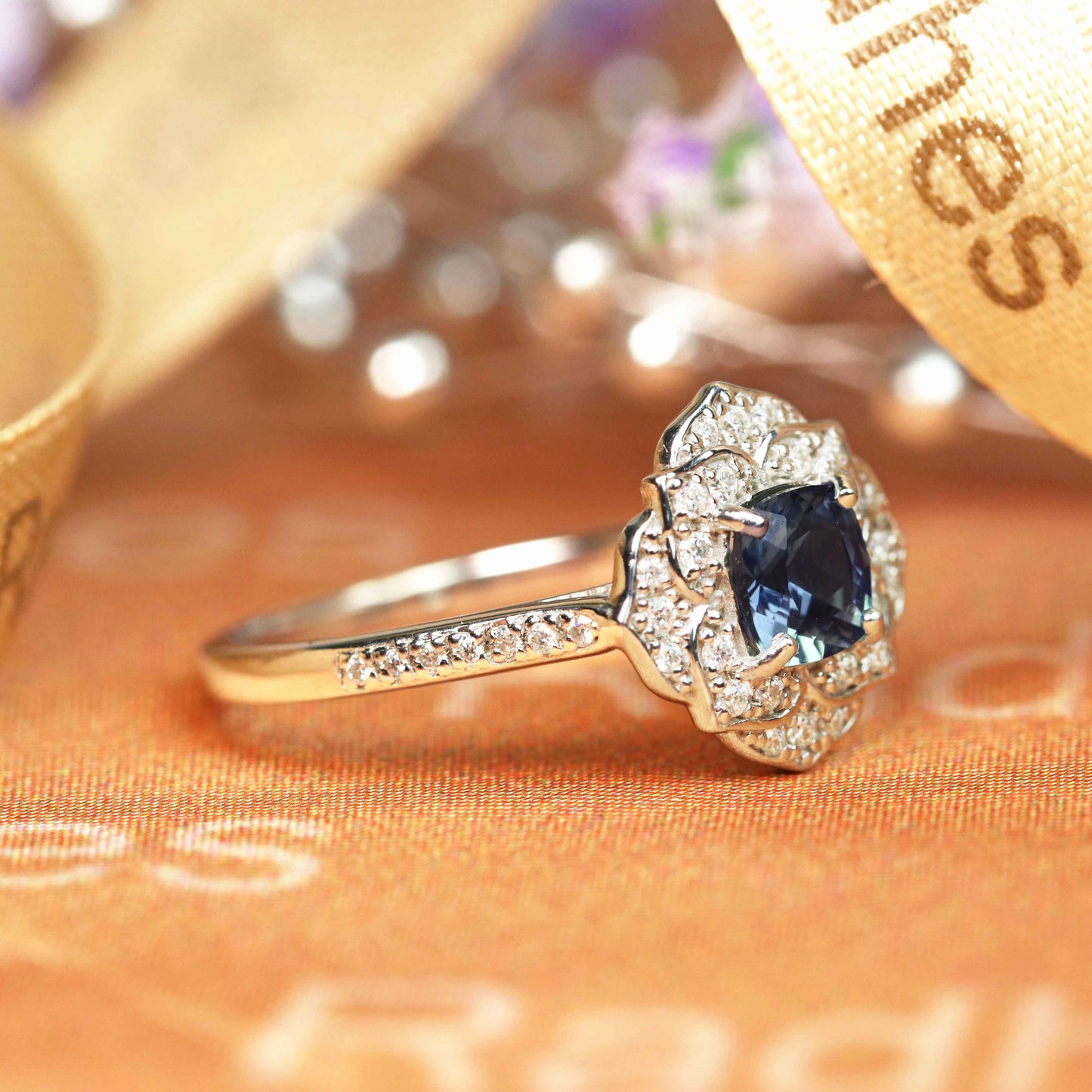 Classic Flower 1.5 carat Cushion Shaped Alexandrite and Diamond Halo Vintage Ring for Her in White Gold